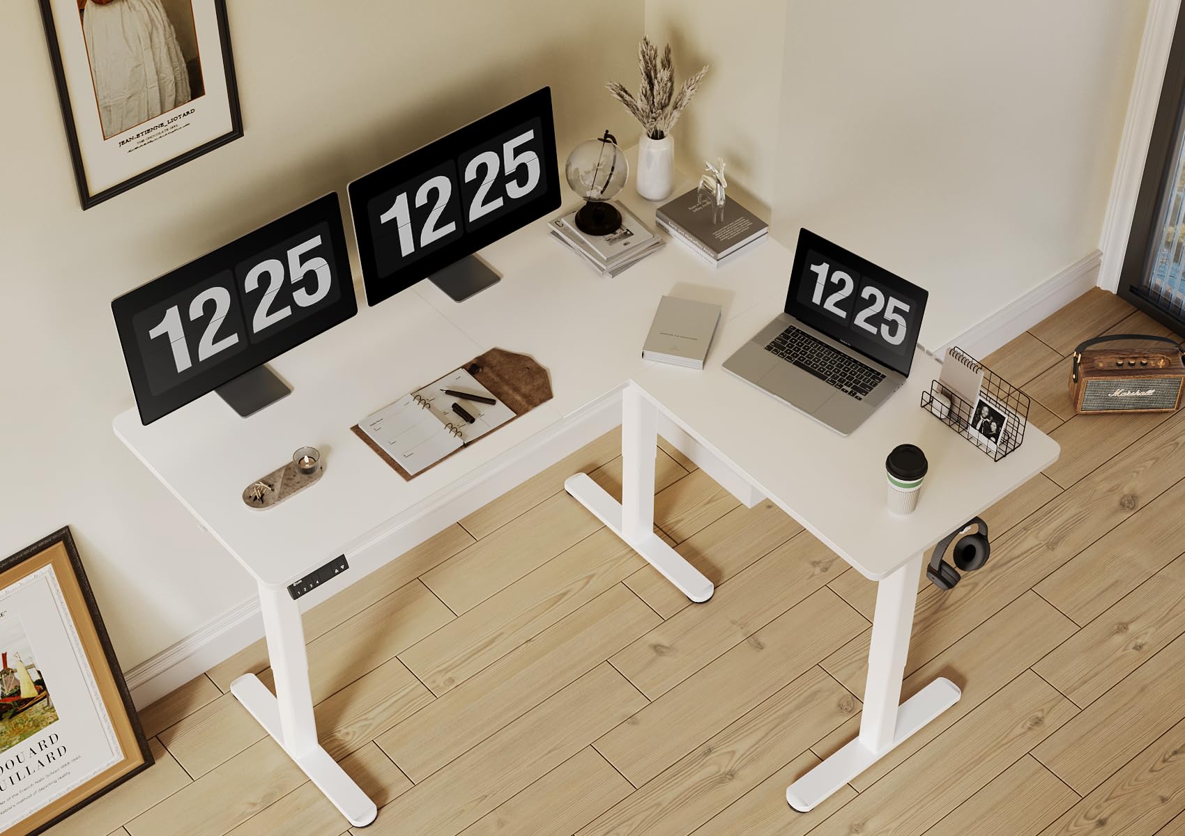 Claiks L-Shaped Adjustable Height Electric Standing Desk - Dual Motor Corner Sit Stand Desk, 63x55 Inches with Splice Board, White - Perfect for Home Office, Gaming & Workspace Ergonomics