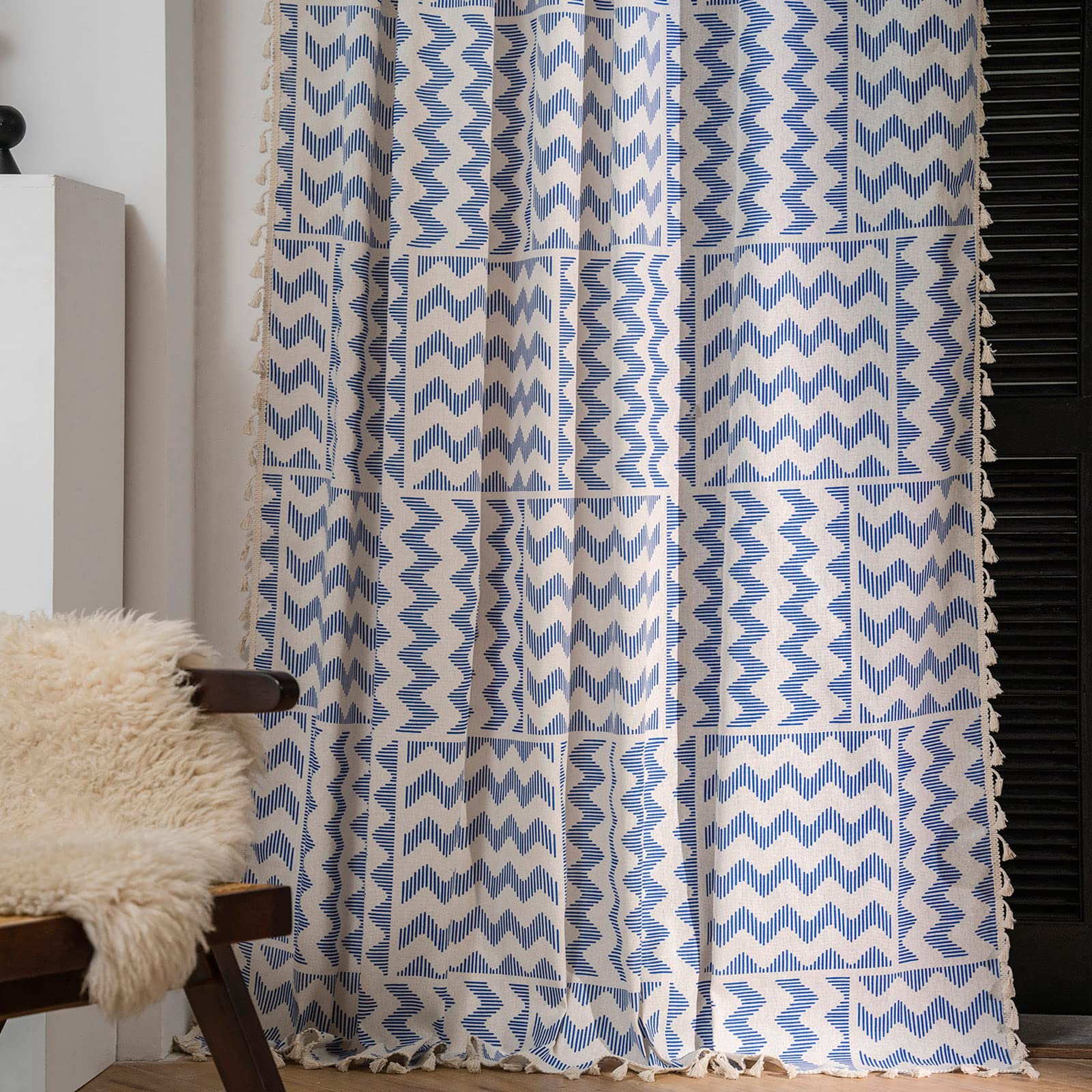 Boho Window Curtains 2 Panels - Geometric Wave Design, Linen Semi-Blackout Drapes with Tassels, Rod Pocket for Bedroom & Living Room, Farmhouse Decor, 52x63 Inches - Perfect for Cozy Home & Boho Chic Style