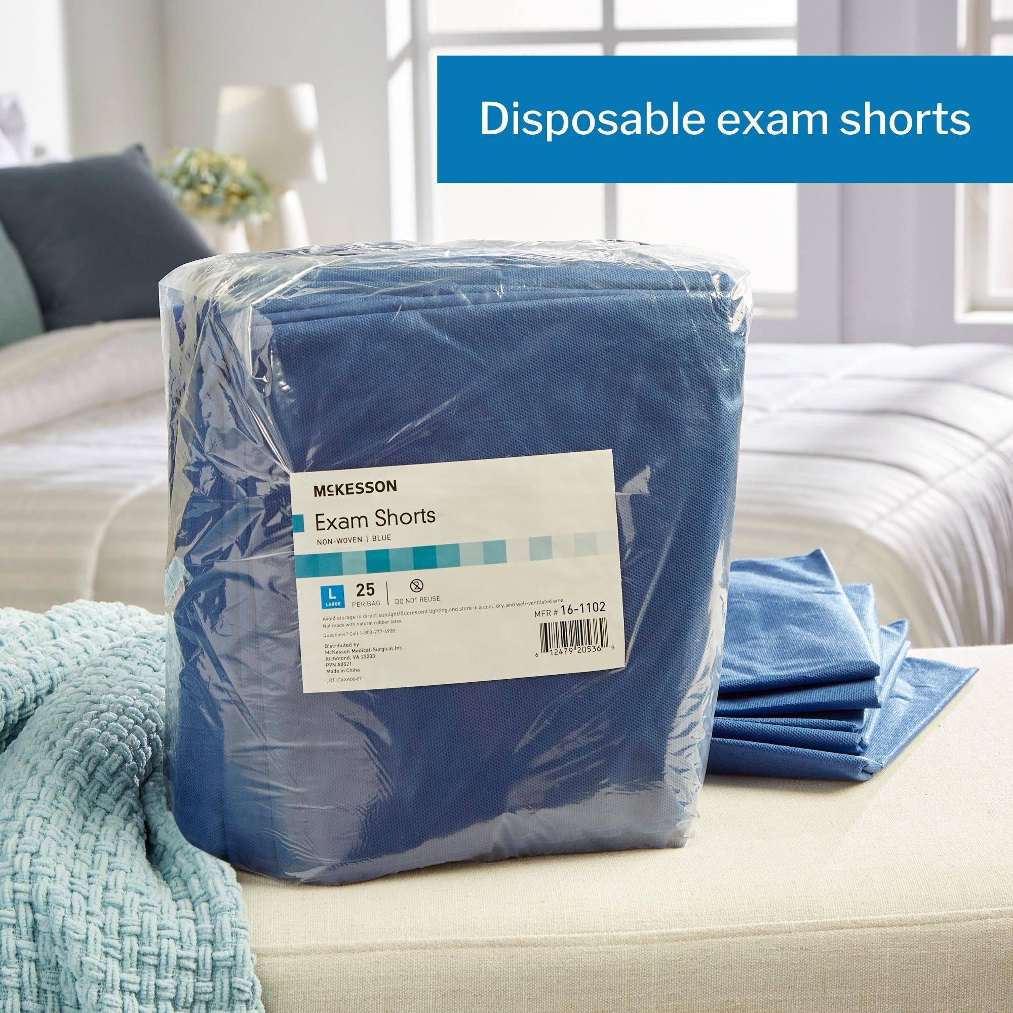 McKesson Disposable Patient Exam Shorts - Non-Woven Blue Medical Shorts with Elastic Waistband (Size Large, 100 Count) - Perfect for Hospitals, Clinics & Medical Checkups