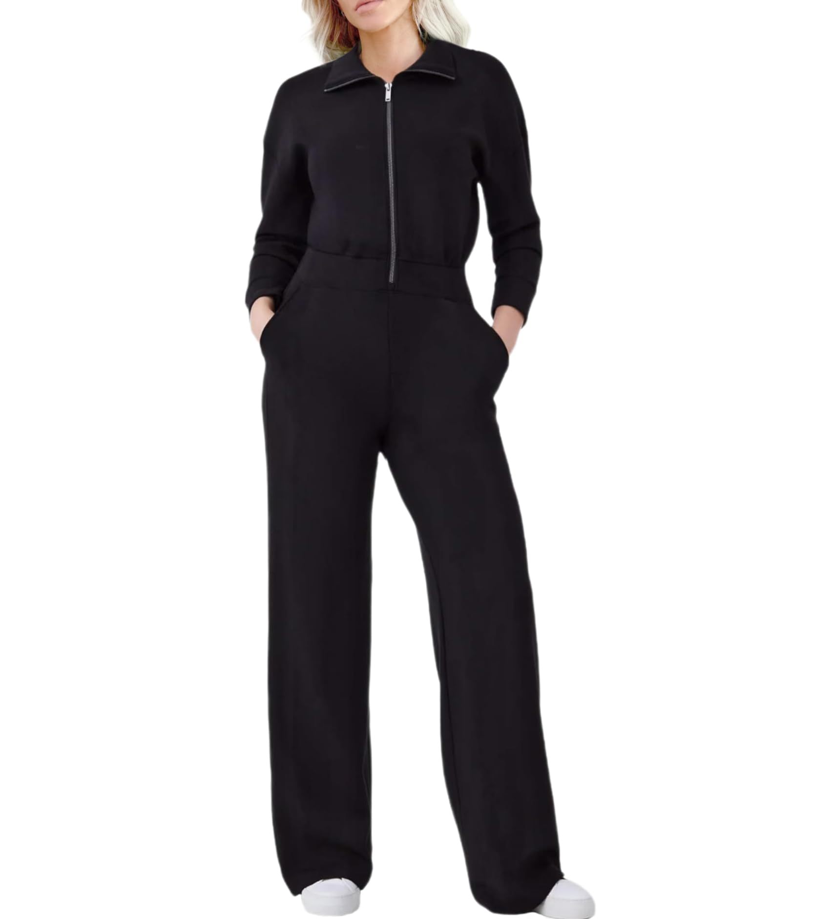 Women's Airy Essential Long Sleeve Wide Leg Jumpsuit - Casual Zip Up One Piece Romper with Pockets | Perfect for Everyday Wear, Office Outfits & Weekend Outings