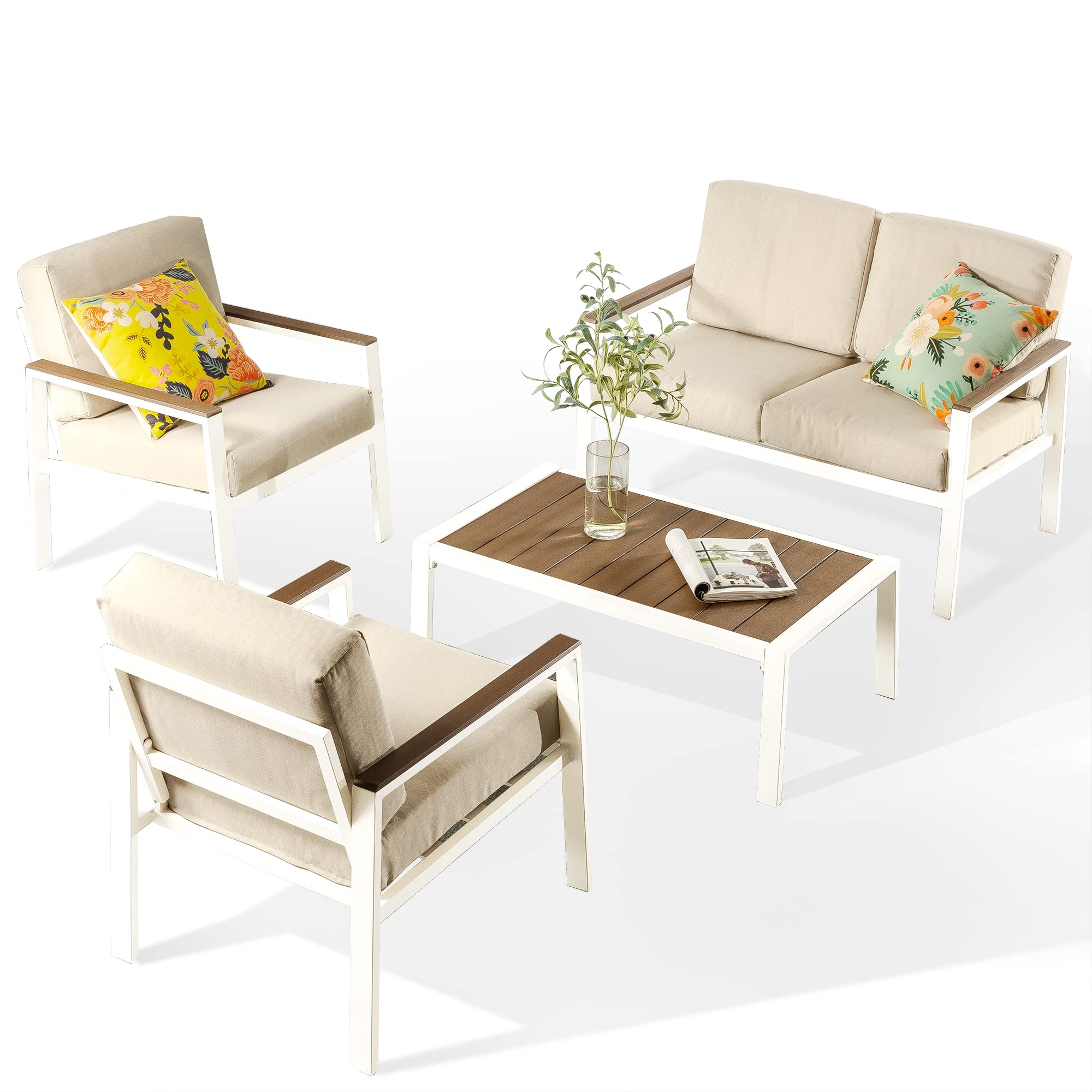 ZINUS Dillon 4-Piece Outdoor Patio Conversation Set - Aluminum & Poly Lumber, Weather-Resistant, Rust-Proof, Easy Assembly (White) - Perfect for Backyard, Garden, Poolside & Deck Relaxation
