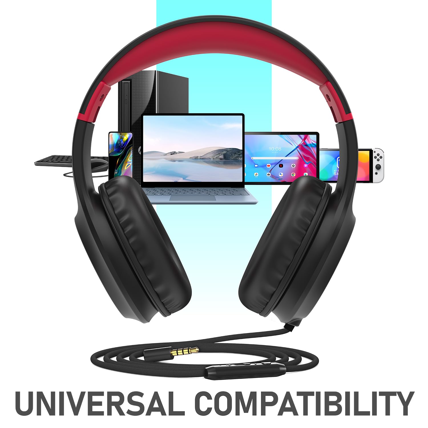 FosPower Kids Headphones with 3.5mm Jack - Volume Limited 85dB Safe Headphones for Children & Teens - Over Ear Foldable Adjustable Headset with Built-in Mic - Compatible with Smartphones, PC, Tablet, Laptop - Ideal for School, Online Classes & Travel - Black/Red