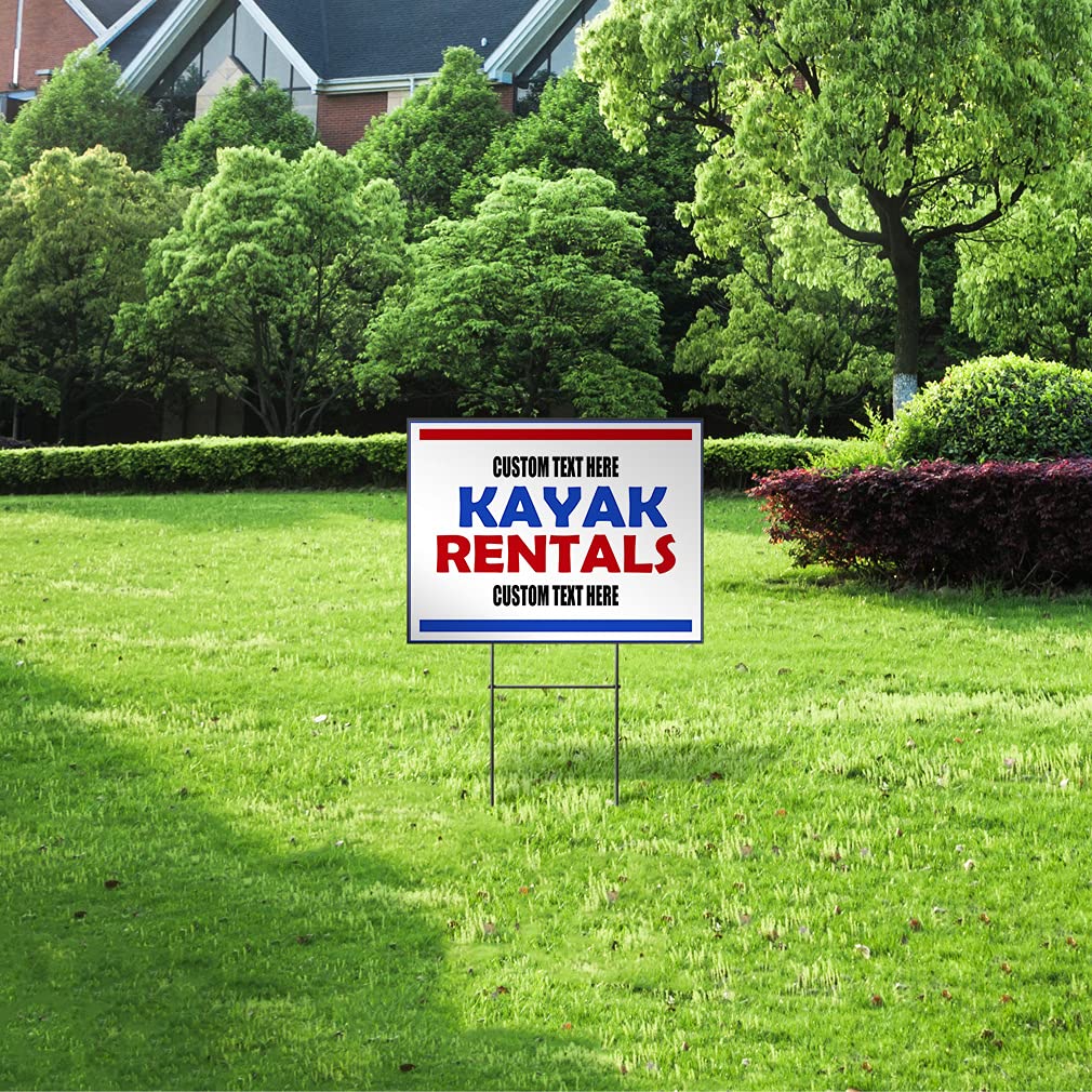 Custom Weatherproof Yard Sign Rentals - 18x12 Inches Double-Sided Print - Personalized Text for Kayak, Red & Blue - Perfect for Lawn, Garden, Events & Outdoor Advertising