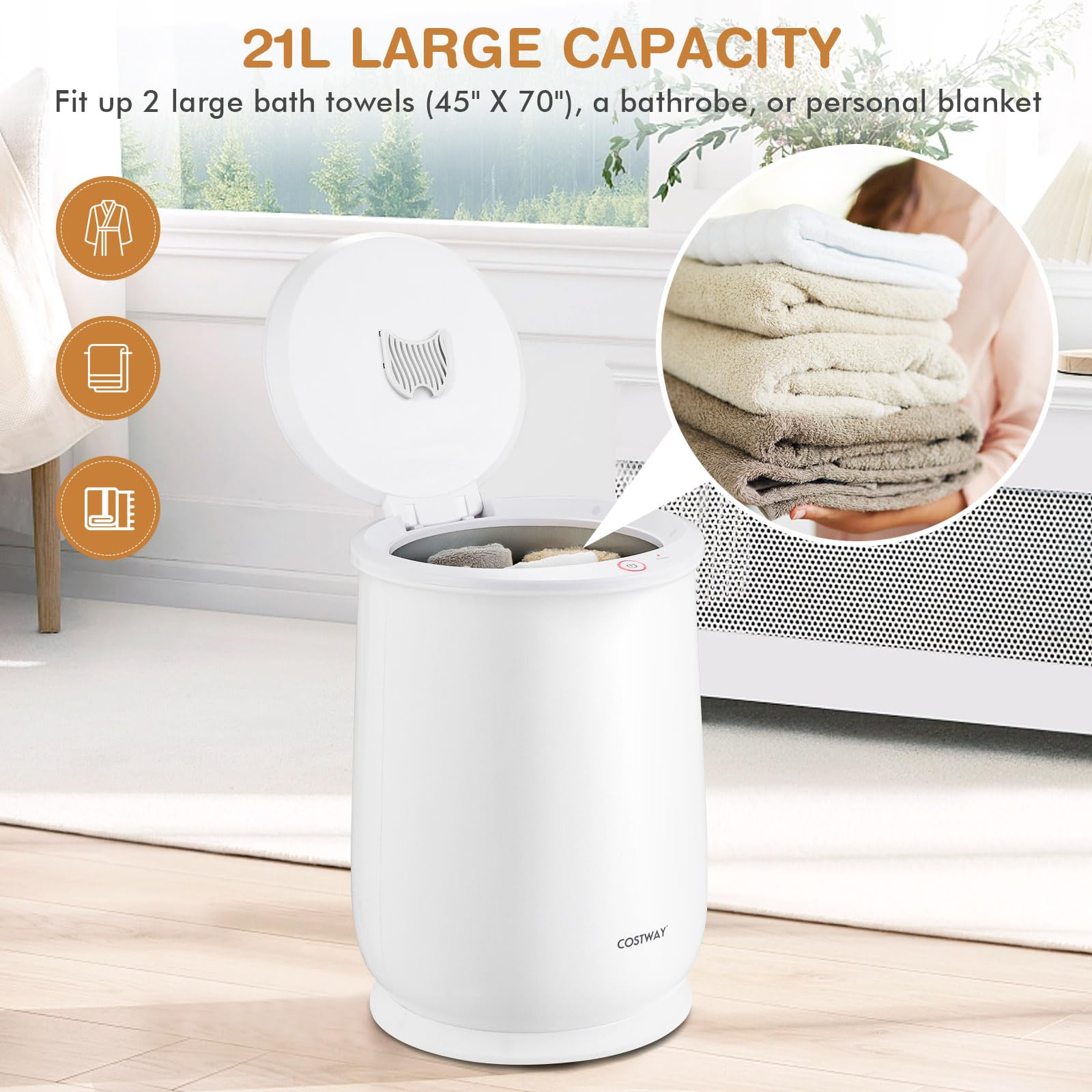 COSTWAY 21L Large Electric Towel Warmer & Blanket Heater with Flip-Top Lid, Child Safety Lock, 1H Auto Shut Off - Perfect for Bathroom, Spa, Hotels & Gifting (Fits 45”x70” Towels & Robes)