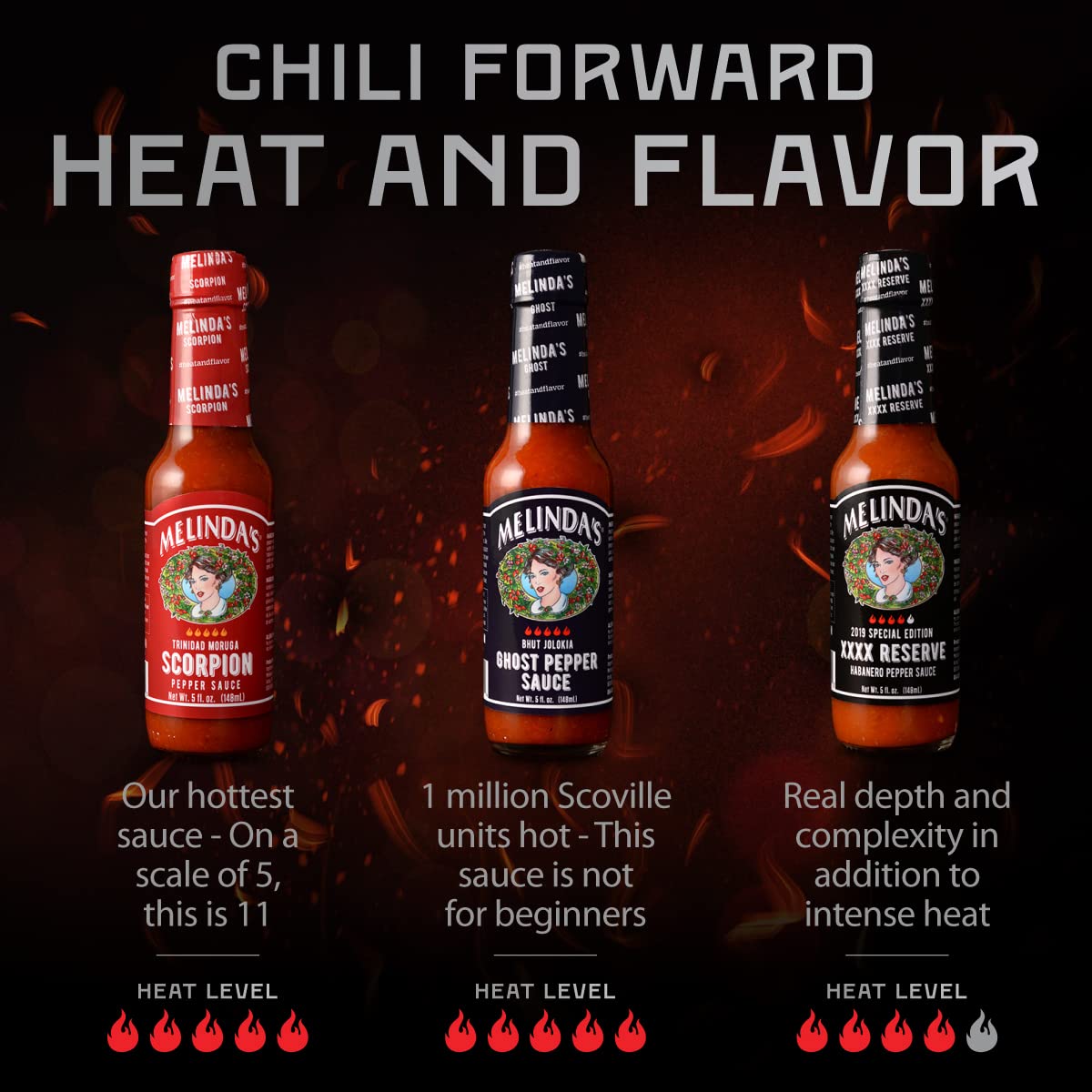 Melinda’s Extreme Fiery Variety Pack - 3 Bottles of Extra Spicy Craft Hot Sauce Gift Set with Ghost Pepper, Scorpion Pepper & Habanero XXXXtra Reserve - 5oz Each - Perfect for Spicy Food Lovers, BBQ Parties, and Hot Sauce Enthusiasts