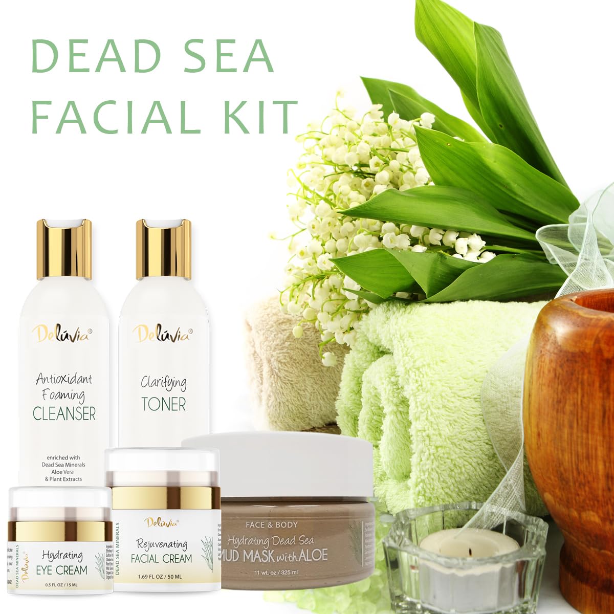 Deluvia Premium Facial Kit - Gentle Foaming Cleanser, Clarifying Toner, Hydrating Moisturizer & Eye Cream with Dead Sea Mud Mask | Complete Skincare Routine for Dry, Sensitive & Acne-Prone Skin | Perfect for Morning & Night Use