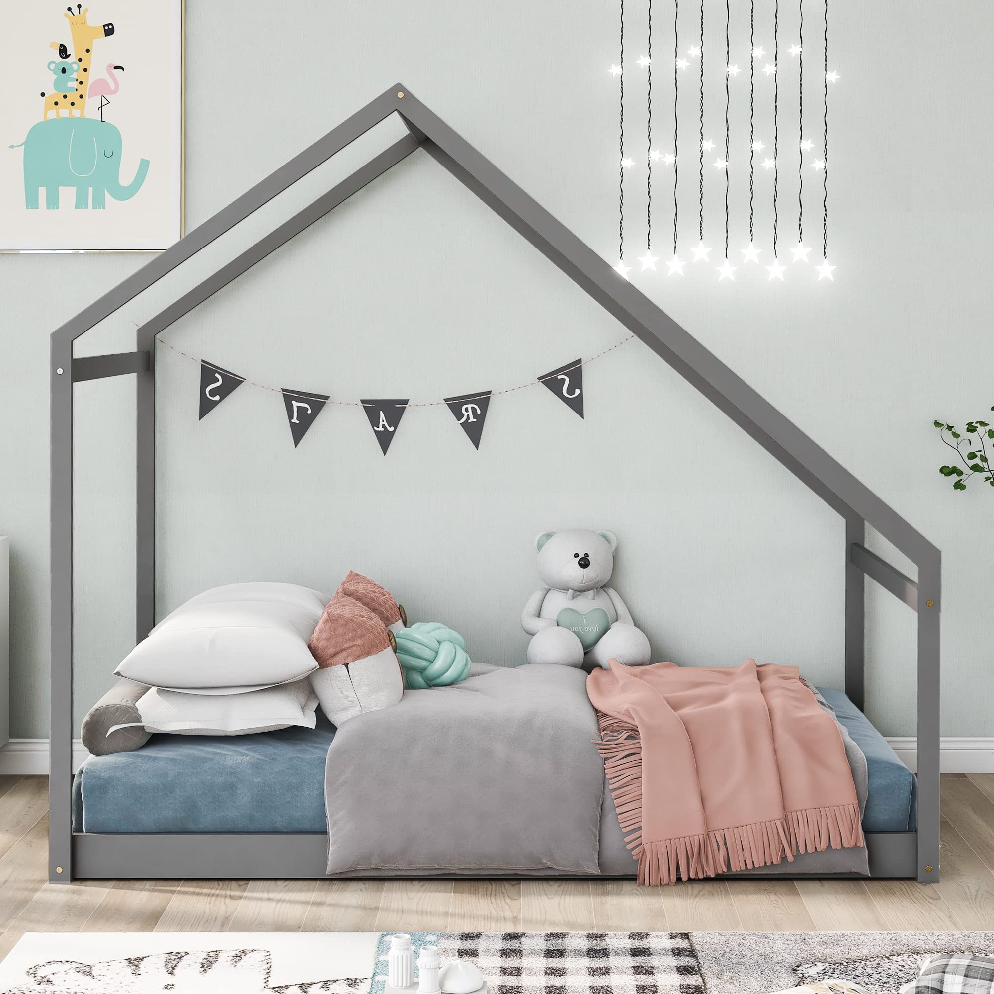 Softsea Twin Bed Frame with Floor Platform - Sturdy House Bed for Kids, Toddlers & Teens - Perfect for Bedrooms, Playrooms & Sleepovers
