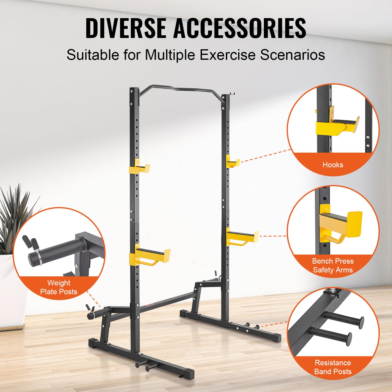 VEVOR Adjustable Squat Stand Power Rack - Multi-Functional Home Gym Equipment with Pull-Up Bar, Weight Plate Storage & J-Hooks for Strength Training - Perfect for Squats, Bench Press & Deadlifts in Home Garage Gym