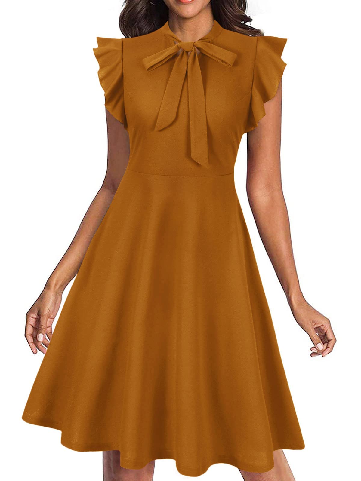 Vintage Ruffle Sleeveless A-Line Swing Dress for Women | Tie Neck Cocktail Party Dress | Perfect for Weddings, Date Nights & Special Occasions