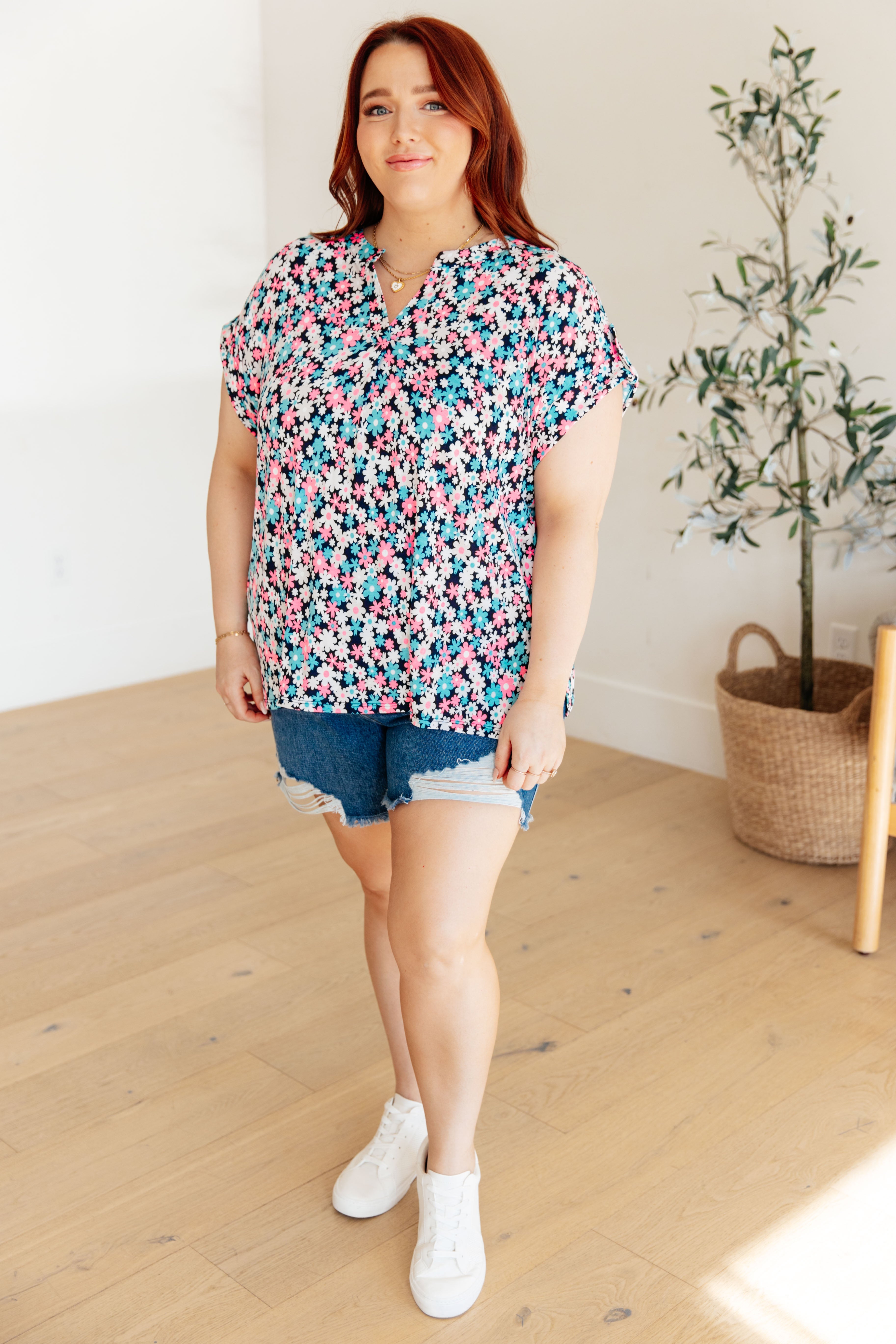 Lizzy Cap Sleeve Top - Navy & Hot Pink Floral Print Women's Blouse for Casual Wear, Summer Outfits, and Office Attire