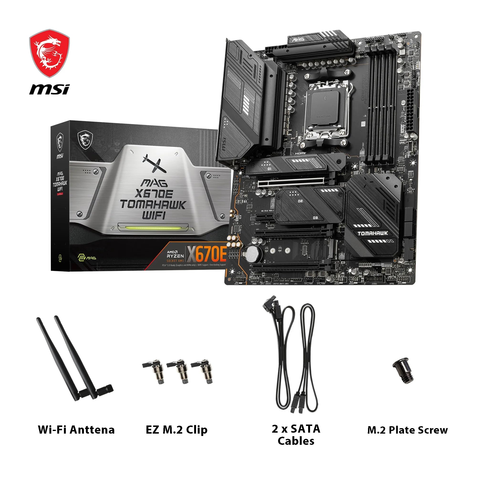 MSI MAG X670E Tomahawk WiFi ATX Gaming Motherboard - Supports AMD Ryzen 7000 Series Processors, AM5 Socket, 80A SPS VRM, DDR5 6600+MHz/OC, PCIe 5.0 x16, M.2 Gen5, Wi-Fi 6E - Perfect for High-End Gaming PCs and Content Creation Workstations