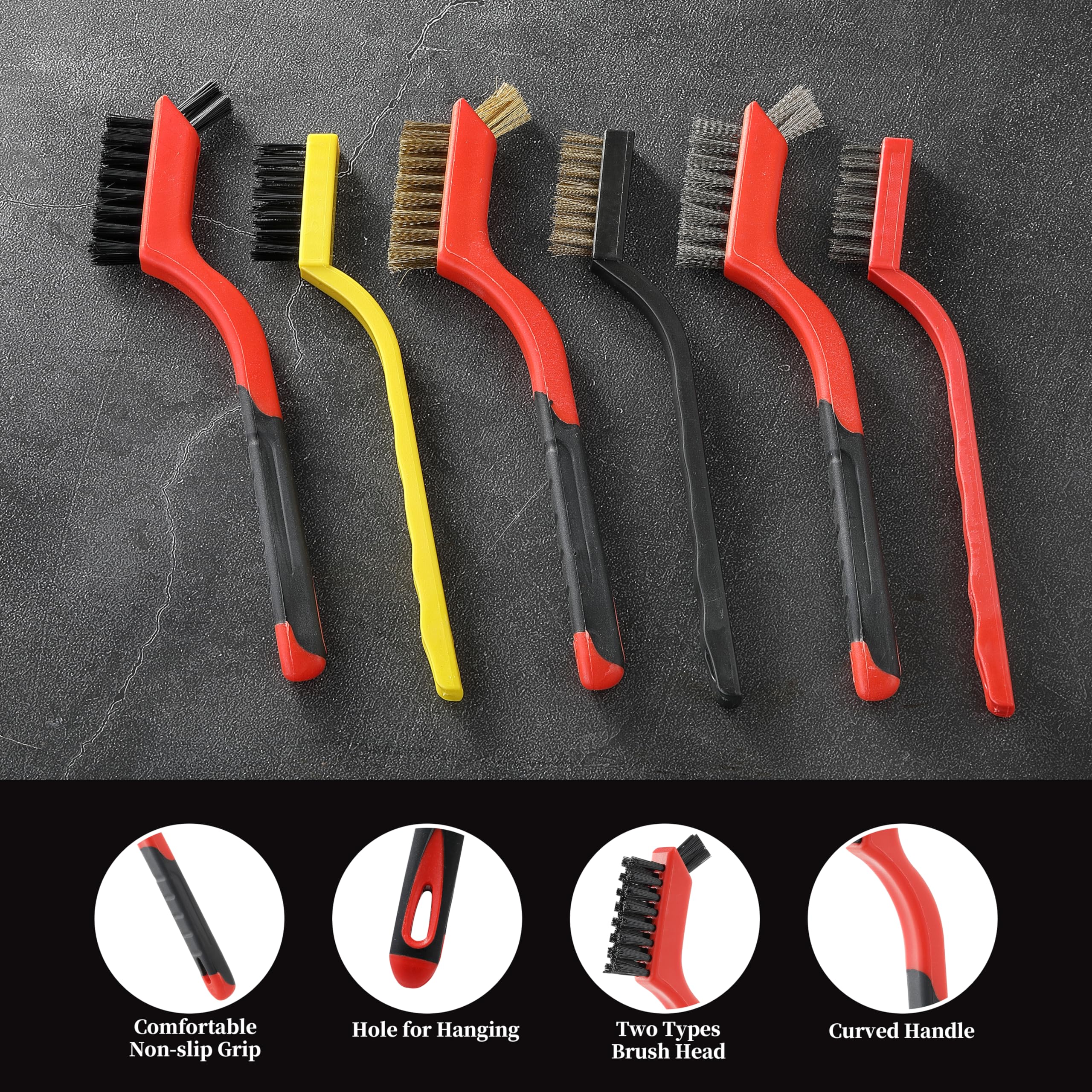 6-Piece Wire Brush Set - Brass, Stainless Steel & Nylon Bristles with Anti-Slip Handle & Curved Head | Heavy Duty Cleaning Brushes for Rust Removal, Metal Polishing, Grill Cleaning & DIY Projects (7 Inch)
