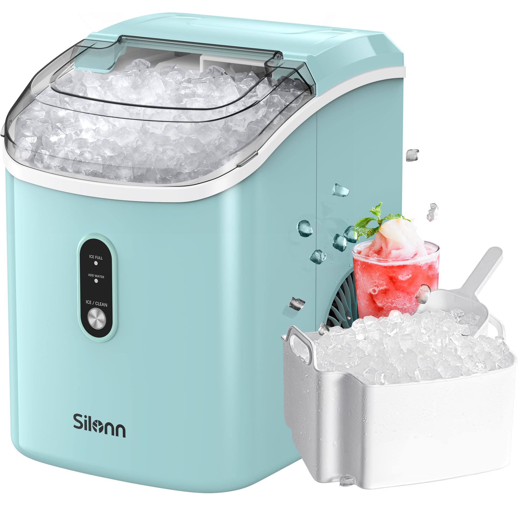 Silonn Countertop Nugget Ice Maker with Self-Cleaning Function - 33lbs/24H Pebble Ice Machine for Home, Kitchen, Office - Perfect for Cocktails, Sodas & Entertaining (Green)