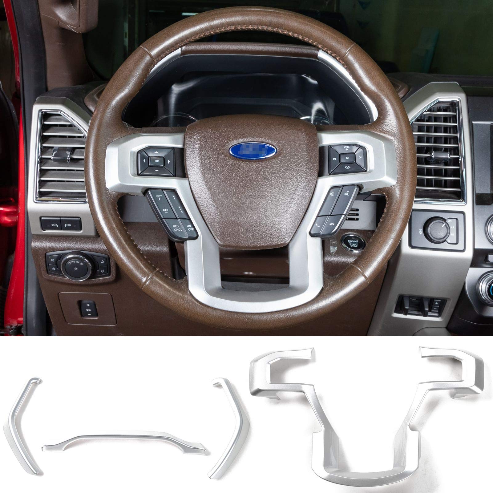 JeCar Silver Steering Wheel Cover & Dashboard Trim Kit for Ford F150 2015-2017 - Upgrade Interior & Protect from Wear for Daily Driving & Road Trips