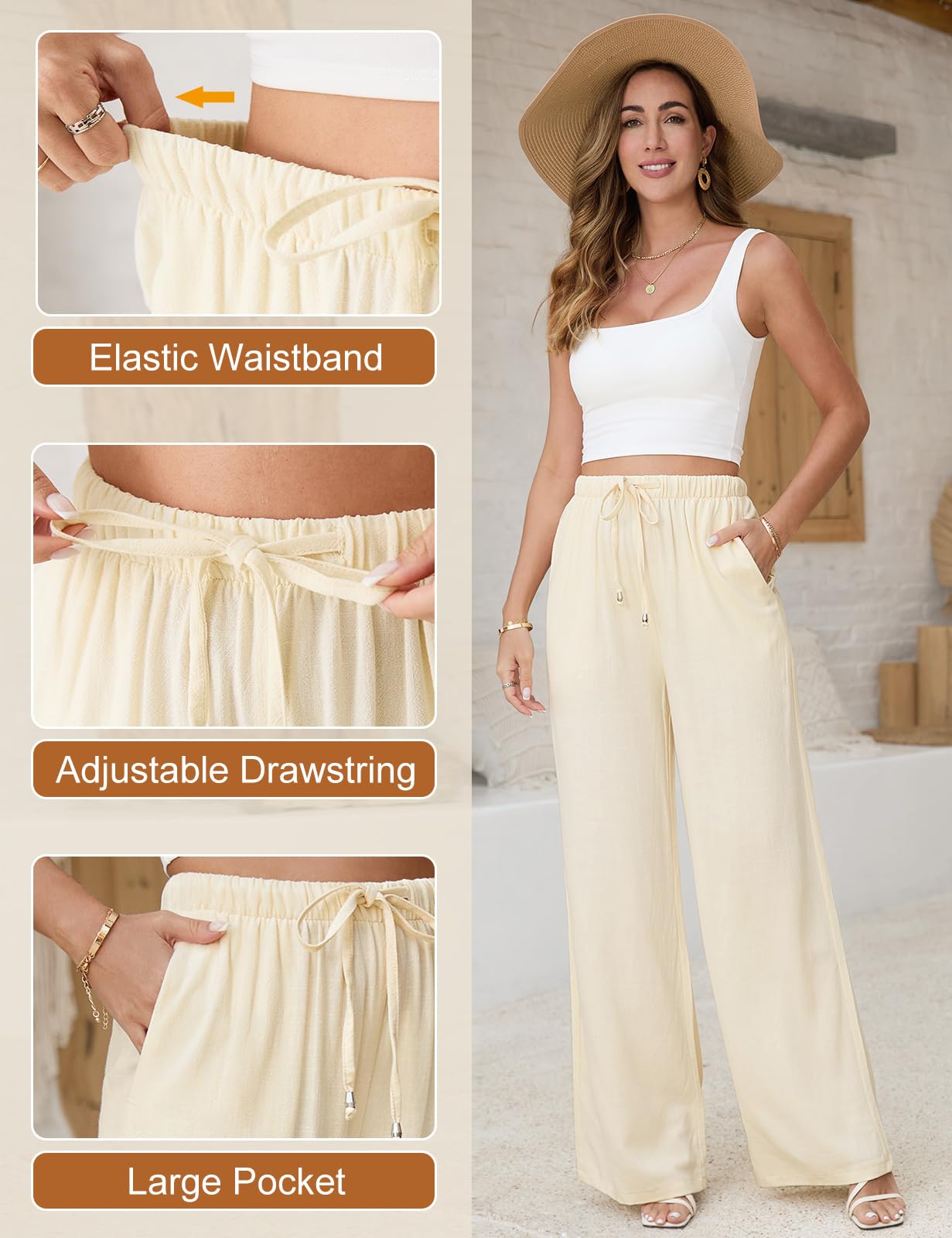 Women's Linen Pants - Casual Wide Leg Palazzo Pants for Summer, Loose Flowy Beach Trousers with Drawstring Elastic Waist | Perfect for Vacation, Yoga, and Boho Style Outfits