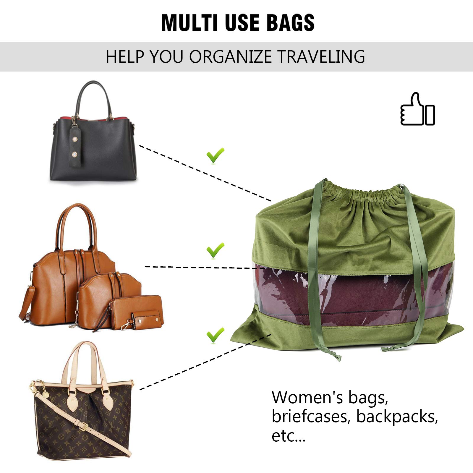 PlasMaller Dustproof Storage Bags with Clear View Window - 2 Pack Terylene Flannel Drawstring Pouches for Handbags, Purses, Shoes & Boots (17.7 x 15.7 Inches, Green) - Perfect for Closet Organization & Travel Accessory Protection