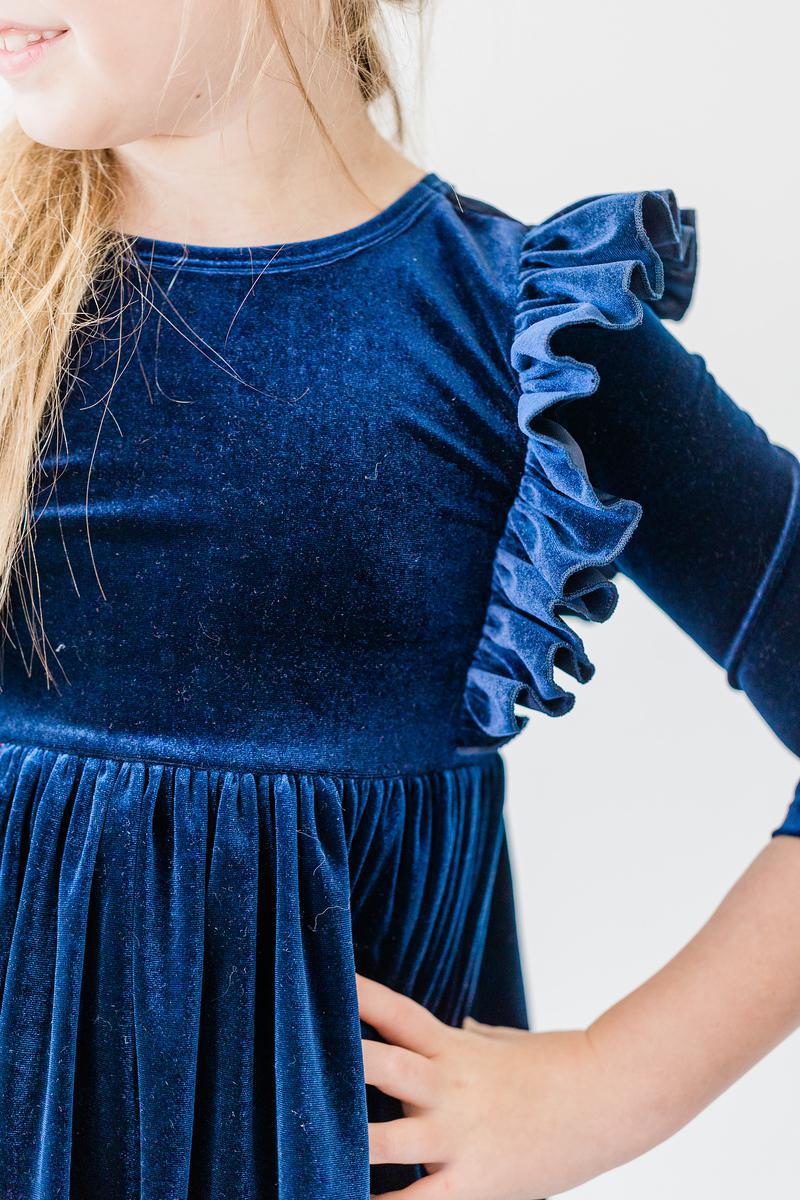 Navy Blue Velvet Ruffle Twirl Dress for Girls | Elegant Party Dress for Weddings, Holidays & Special Occasions