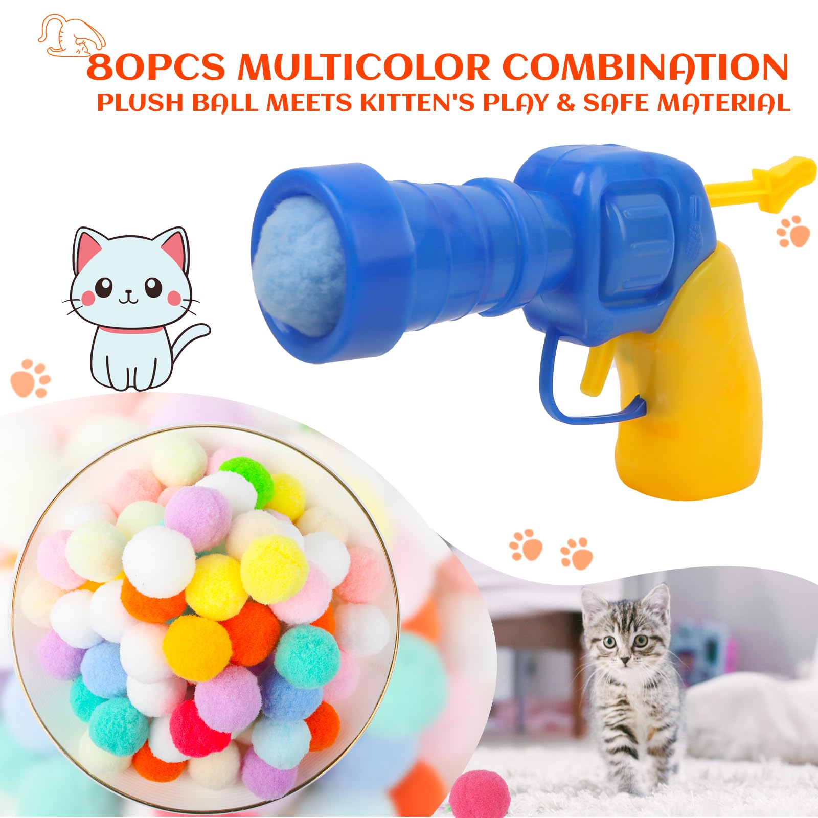 Silent Plush Cat Toy Ball Launcher with 80 Pom Pom Balls - Interactive Indoor Cat Exercise Toy for Playful Kittens - Perfect for Stimulating Playtime & Keeping Cats Active (Deep Blue)