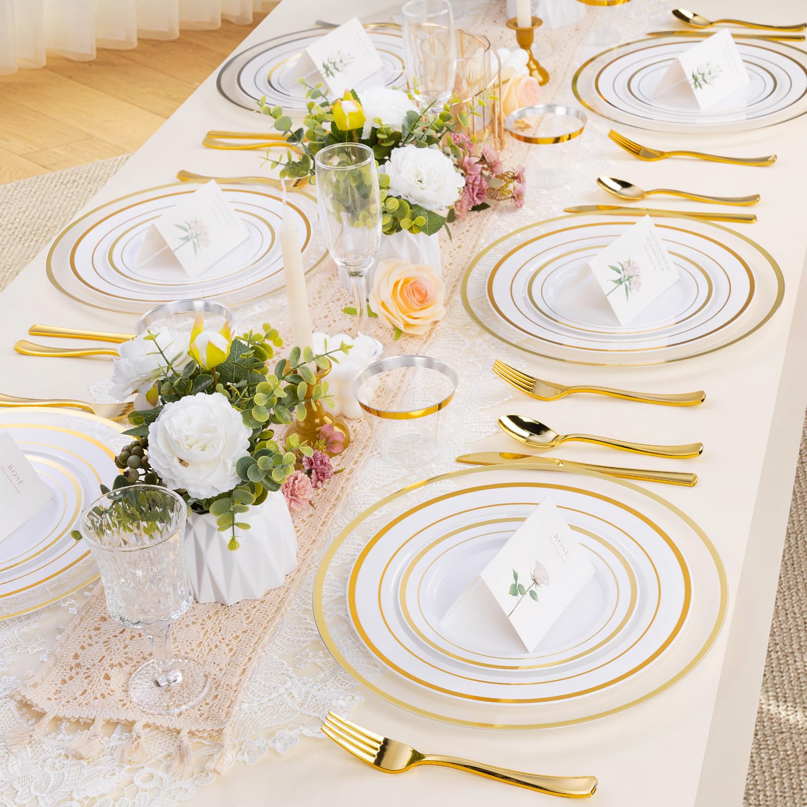 12 Inch Disposable Charger Plates - 50 Pack Clear Plastic Dinner Plates with Elegant Gold Rim - Perfect for Weddings, Parties, Banquets & Formal Dining - Elegant Table Decor for Special Occasions
