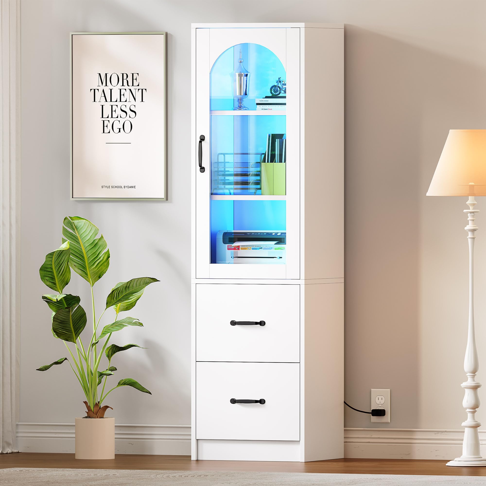 YITAHOME 2-Drawer File Cabinet with Bookshelf & Glass Doors - LED Light, Printer Stand & Storage Shelf - Wood Home Office Cabinet Fits Letter, Legal & A4 Size (White) - Perfect for Organizing Documents & Office Supplies in Small Spaces