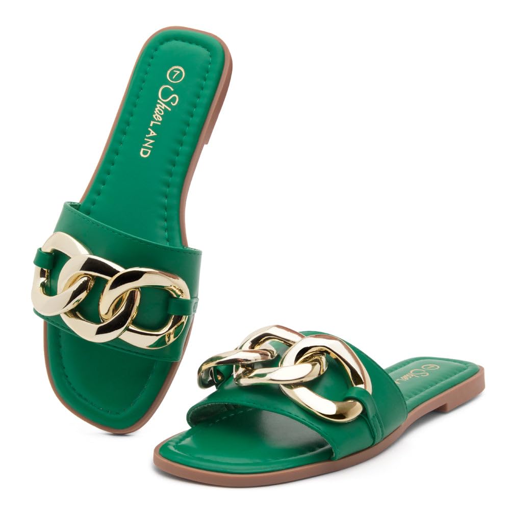EMMA Women's Flat Sandals - Square Open Toe Slides with Metal Chain & Cushioned Footbed | Comfortable Slip-On Slippers for Summer, Beach, Walking & Daily Wear