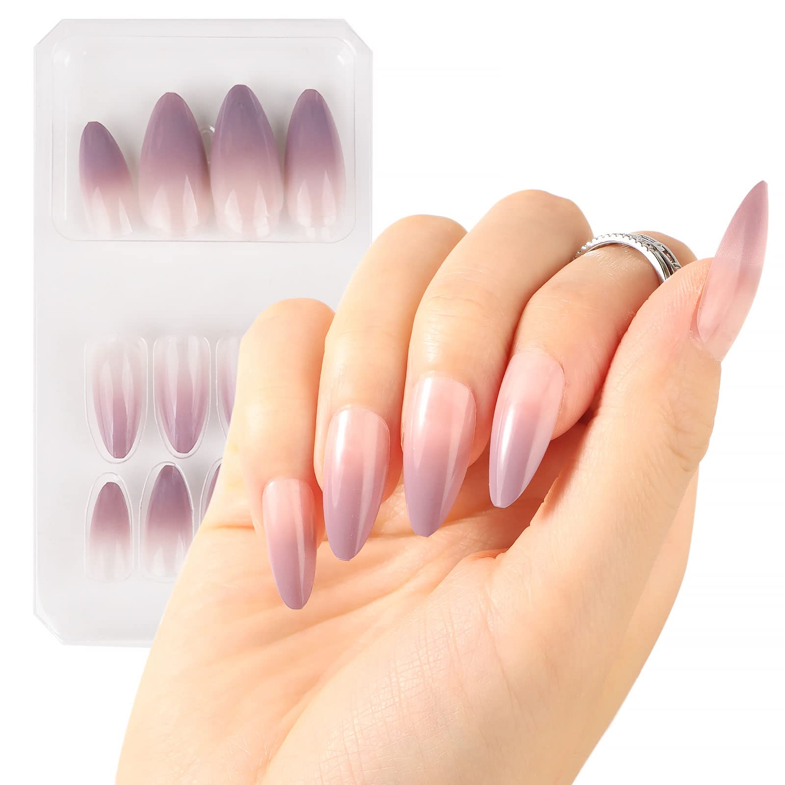 24 Pcs Stiletto Fake Nails - Light Purple Gradient Press On Nails, Full Cover False Nails with Nail Art Tips for Women & Girls | DIY Manicure, Party, Wedding, Salon Quality Nails for Special Occasions