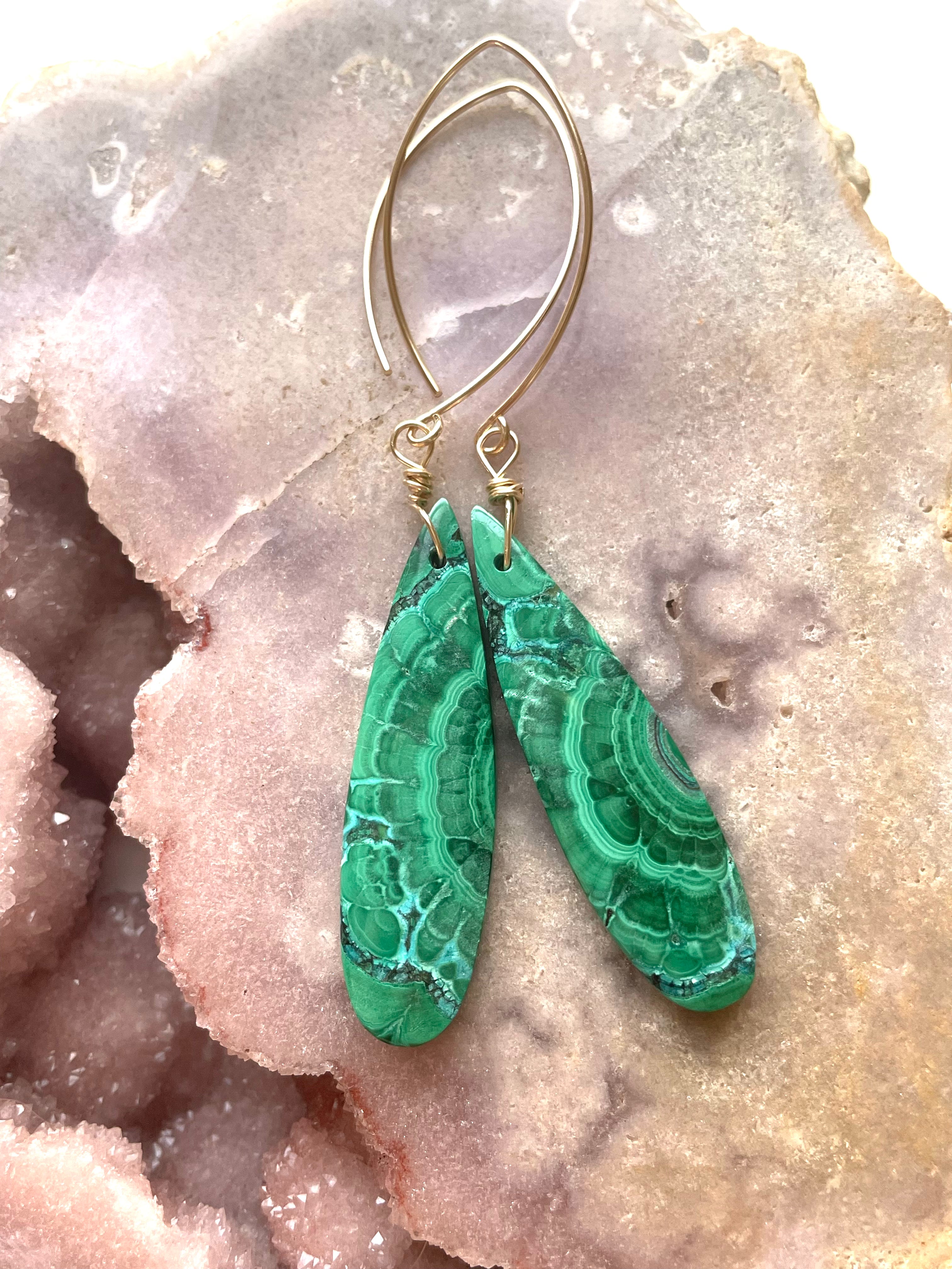 14K Gold Filled Malachite Crystal Dangle Earrings - Elegant Green Gemstone Jewelry for Women, Gift for Her, Perfect for Parties & Special Occasions
