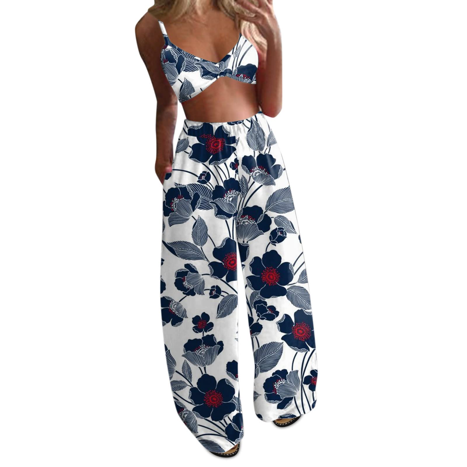 Boho Wide Leg Women's Pants Outfit - 2 Piece Loose Printed Crop Top & Trousers Set for Casual Wear, Beach Vacation & Summer Fashion