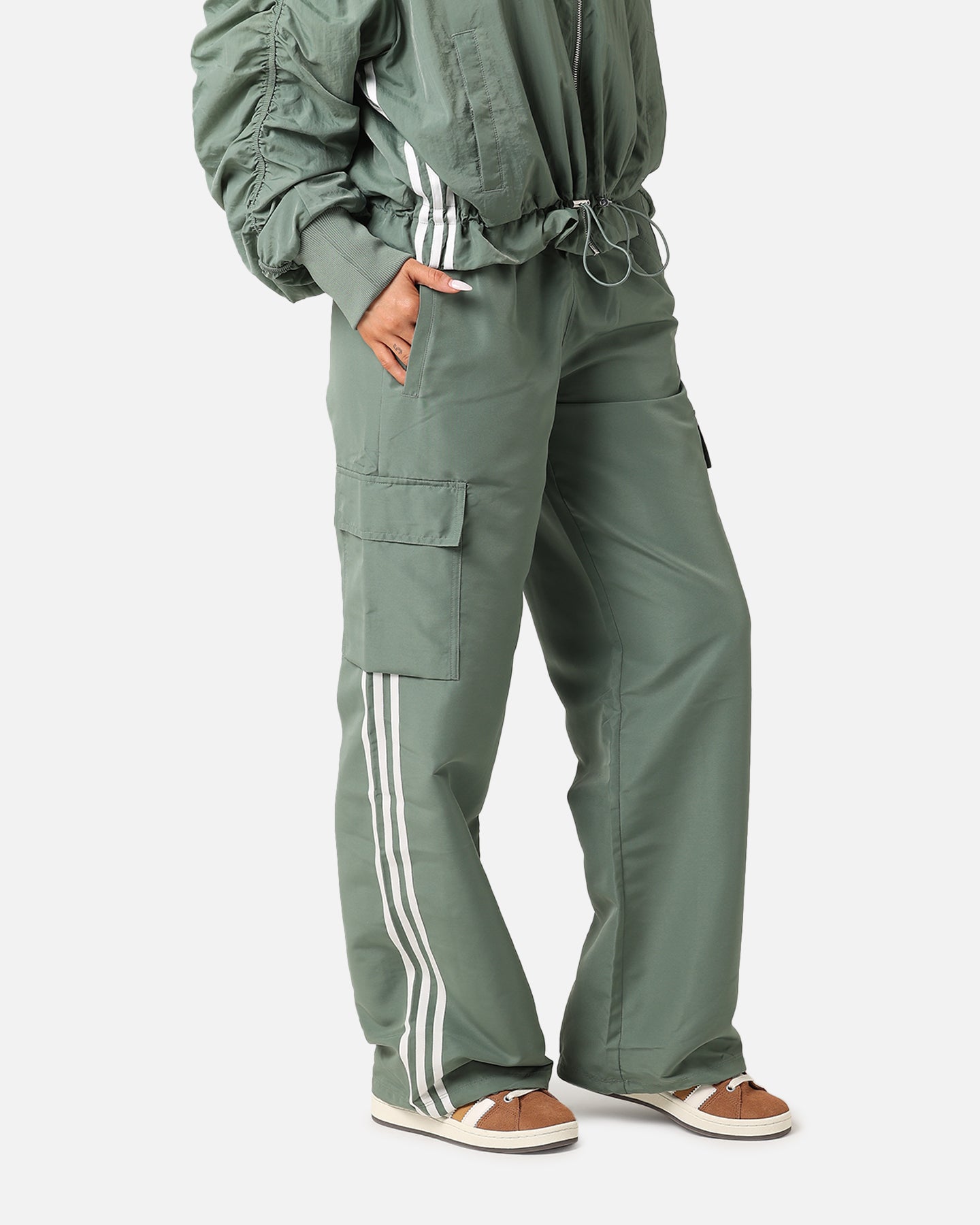 Adidas Women's 3 Stripes Cargo Pants - Trace Green | Comfortable Casual & Streetwear Pants for Women | Perfect for Hiking, Travel & Everyday Wear