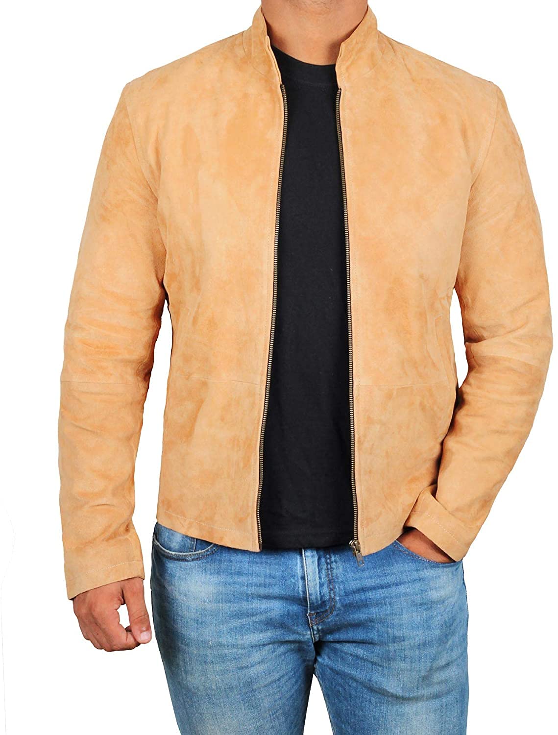 Genuine Suede Leather Bomber Jacket for Men - Classic Baseball Style Jacket - Perfect for Casual Wear, Night Out & Motorcycle Riding