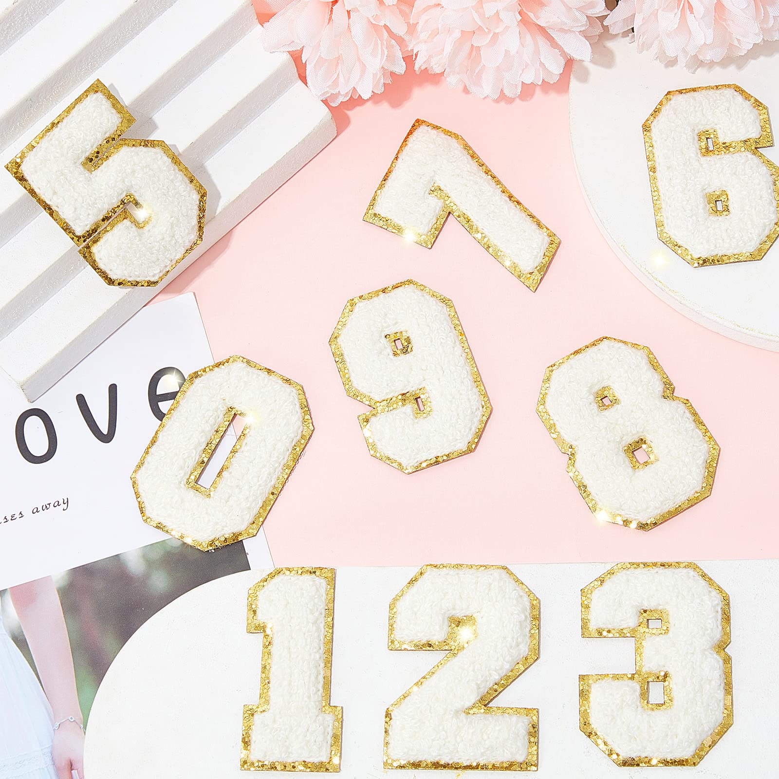 30 Pieces White Chenille Iron-On Number Patches for Jackets - DIY Embroidery Applique for Jersey, Fabric & Crafts - Glitter Sew-On Numbers for Sports Uniforms, Team Jerseys & DIY Decor