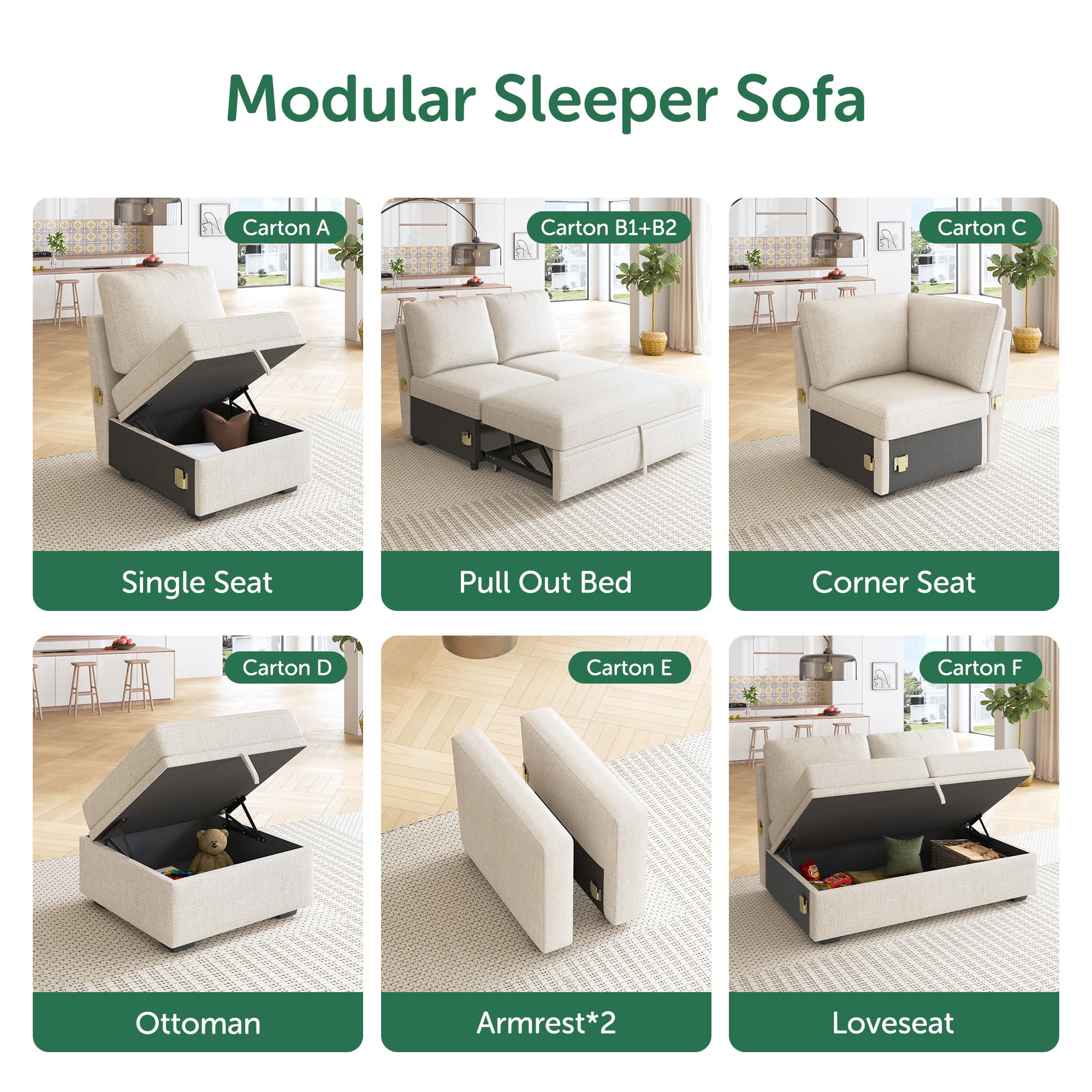 HONBAY Modular Storage Ottoman with Pull-Out Bed - Convertible Footrest for Sectional Sleeper Sofa, Beige - Perfect for Small Spaces, Guest Rooms & Multi-Functional Living Areas