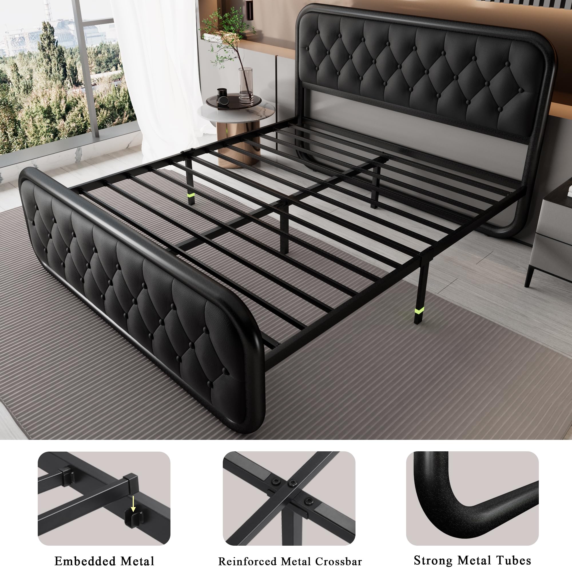 Feonase Full Size Bed Frame with Faux Leather Headboard - Heavy Duty Upholstered Platform Bed with Sturdy Metal Slats | 12