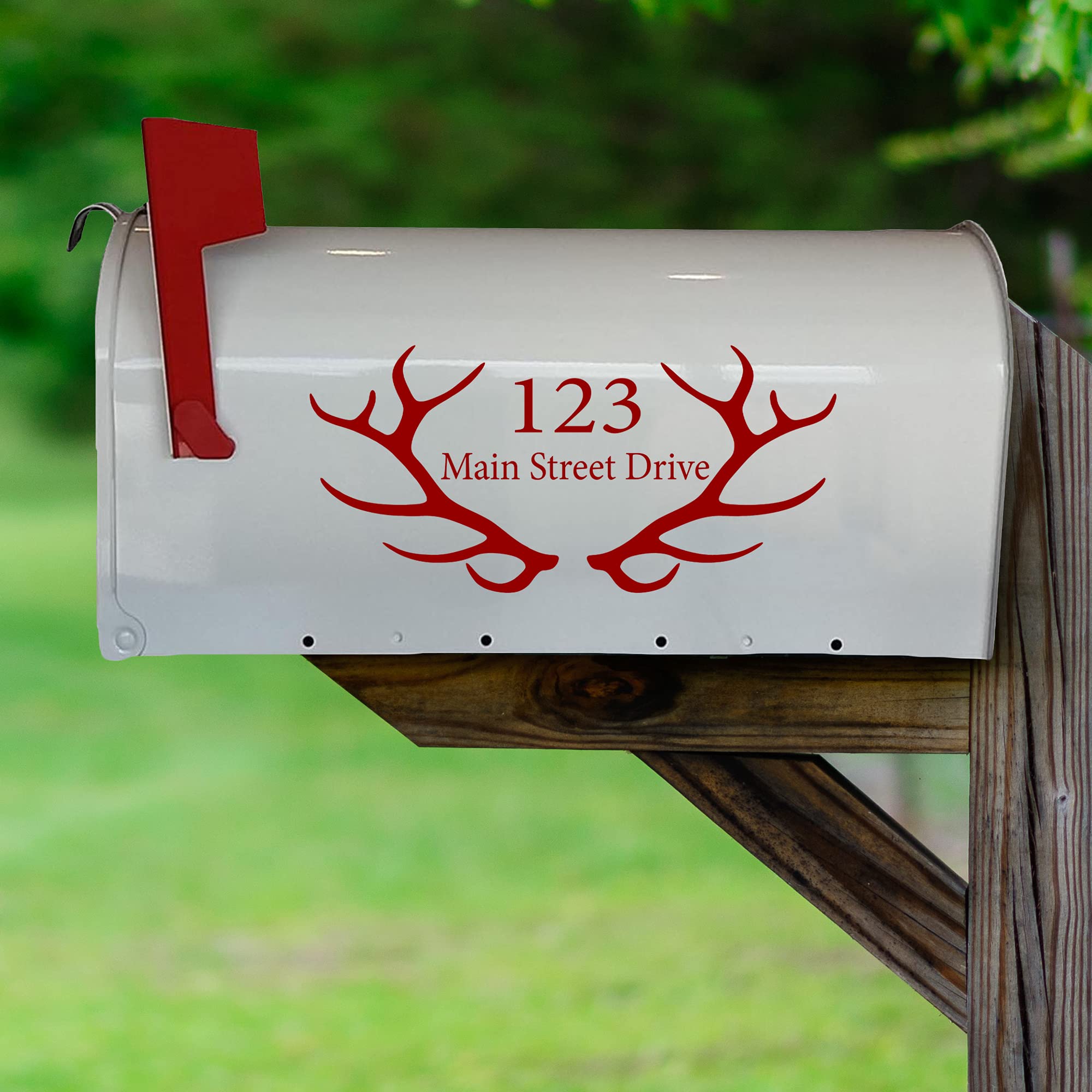 VWAQ Custom Home Address Vinyl Stickers - Set of 2 Antler Mailbox Decals in Burgundy (CMB27) | Perfect for House Number Signs, Rural Mailboxes & Front Door Decor