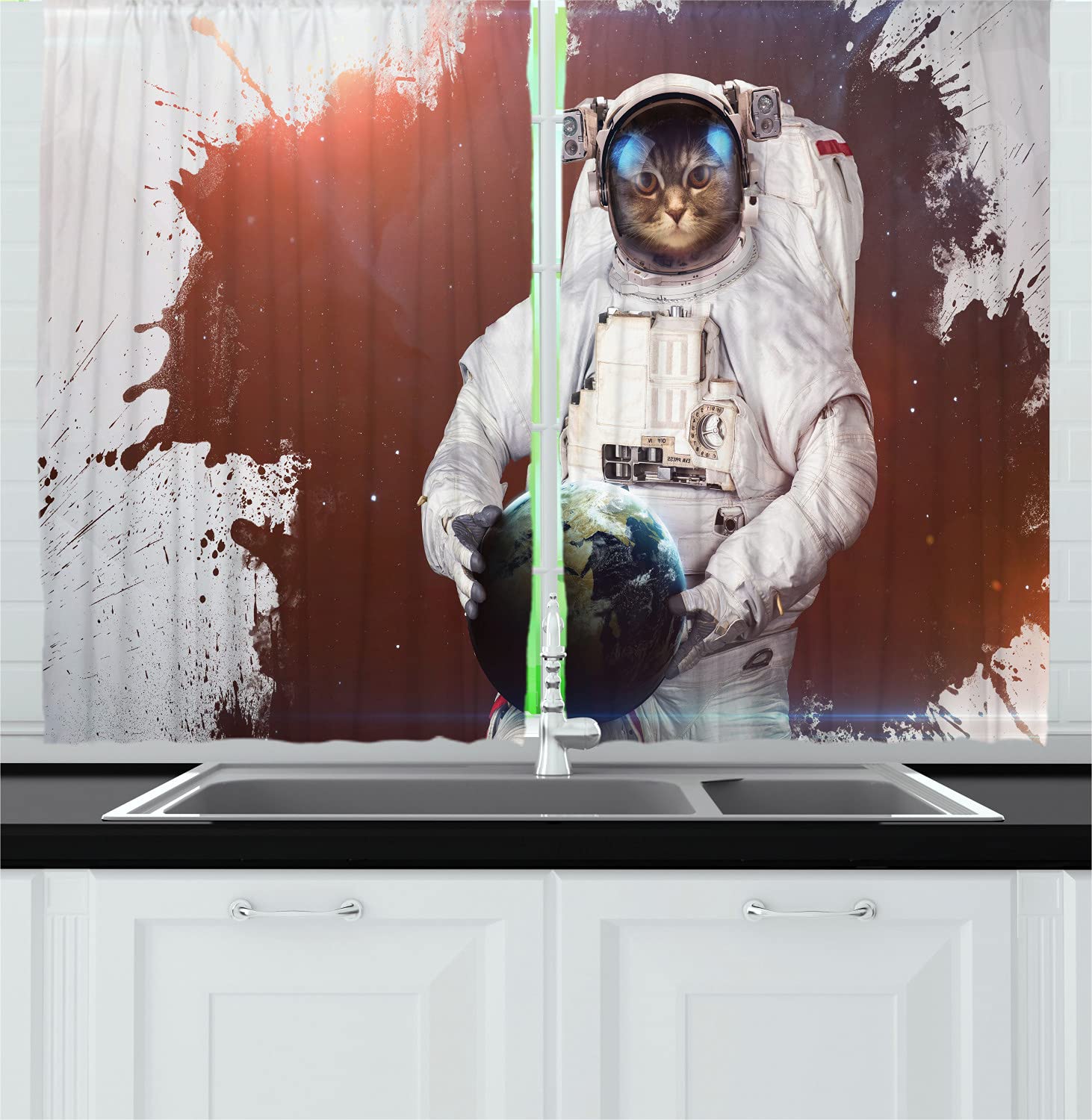 Ambesonne Outer Space Kitchen Curtains - Kitty Cosmonaut & Earth World Surreal Design, 2 Panel Drapes with Rod Pocket, 55 x 45 Inches, Red & White - Perfect for Modern Home Decor & Space-Themed Room Design