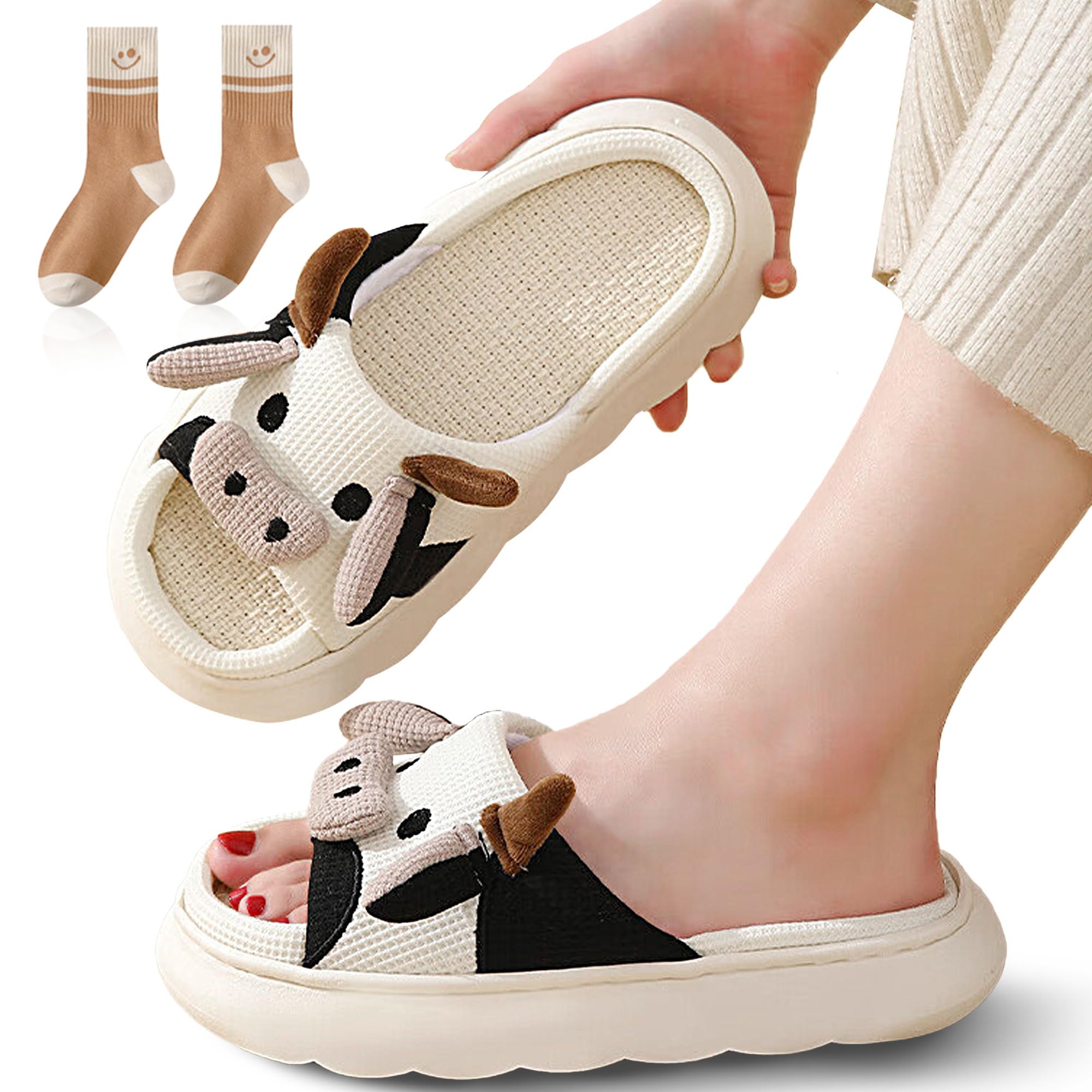 Cute Cow Slippers for Women & Men - Soft Cartoon Cotton House Shoes for Indoor & Outdoor Use - Kawaii Animal Slippers for Home, Lounge, and Gift Giving