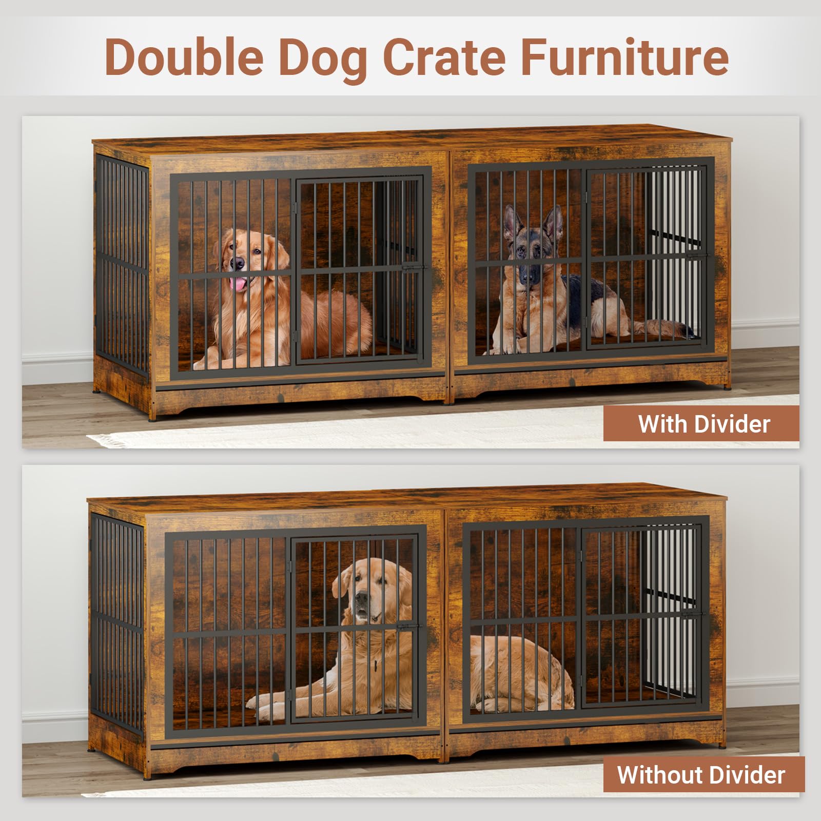 86 Inch Double Dog Crate Furniture with Divider - 4-in-1 Convertible Large Dog Kennel for 2 Dogs - Rustic Brown Corner Pet Crate for Small, Medium & Large Breeds - Perfect for Living Rooms, Bedrooms & Home Offices
