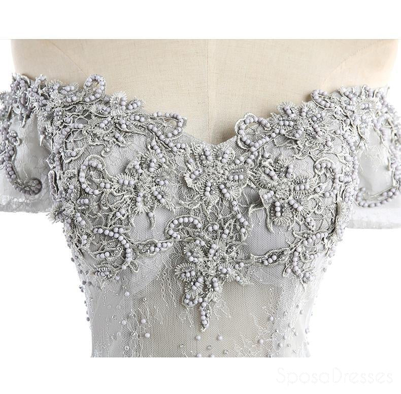 Elegant Gray Lace Beaded Off-Shoulder Long Evening Prom Dress for Women - Perfect for Formal Dances, Weddings & Special Occasions | Custom Sizing Available | Style 17219