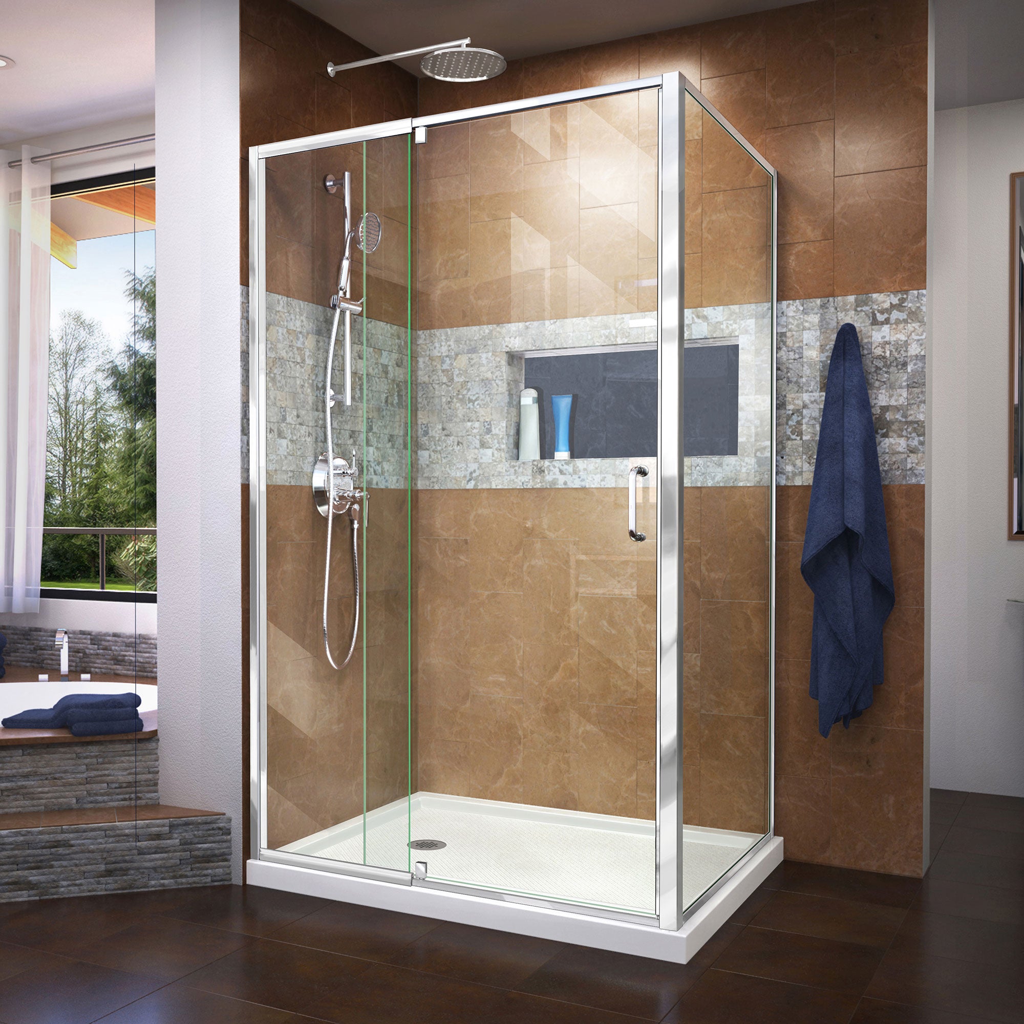 DreamLine Flex 36x48x74.75 Inch Semi-Frameless Pivot Shower Enclosure Kit with SlimLine Base - Modern Bathroom Upgrade for Small Spaces, Easy Installation for Home Renovation