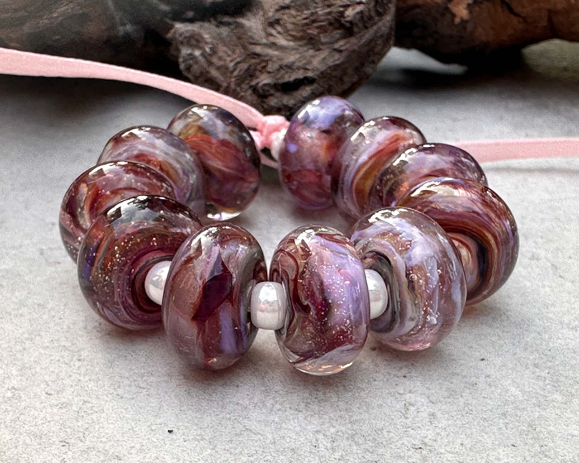 11 Pink Sunset Swirl Lampwork Glass Beads Set for Jewelry Making - DIY Bracelet, Necklace & Craft Projects - SRA