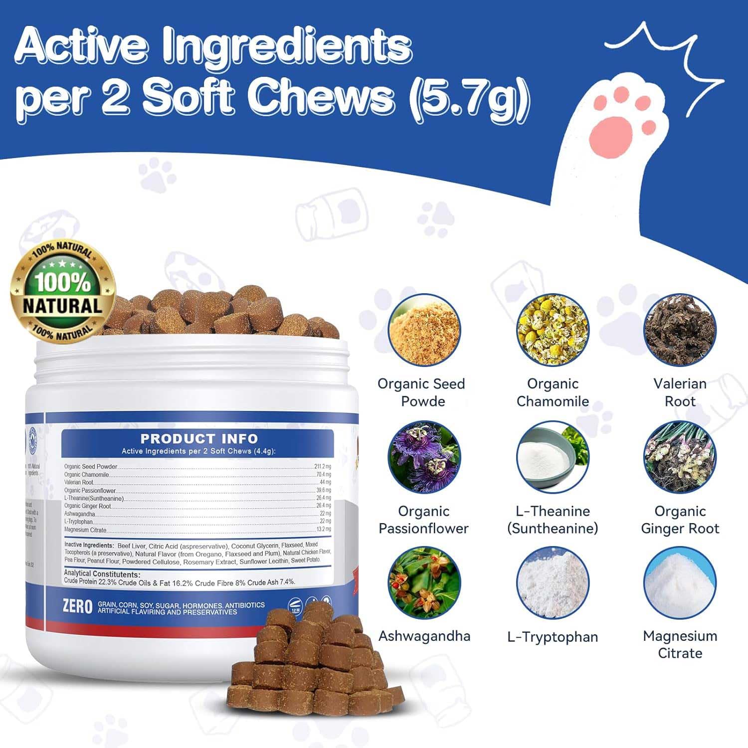 Natural Calming Chews for Dogs - Anxiety Relief Treats with Chicken Flavor (120 Count) - Perfect for Thunderstorms, Travel & Separation Anxiety