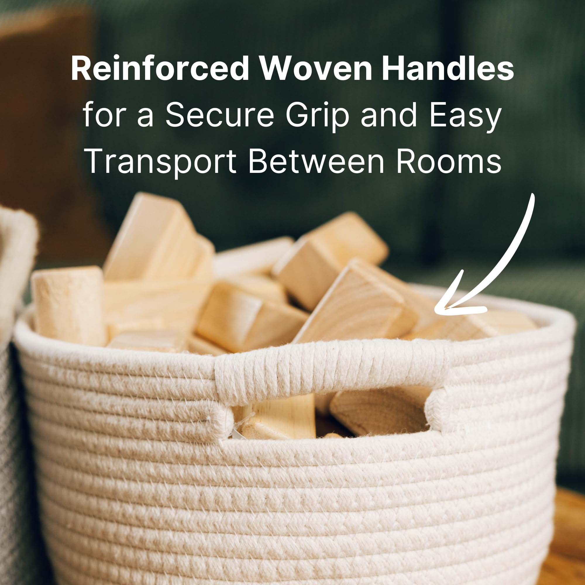 3-Pack Woven Storage Baskets with Handles - Medium Cotton Rope Wicker Bins for Blankets, Toys & Home Organization | Perfect for Living Room Shelves, Bedroom Closets & Nursery Storage