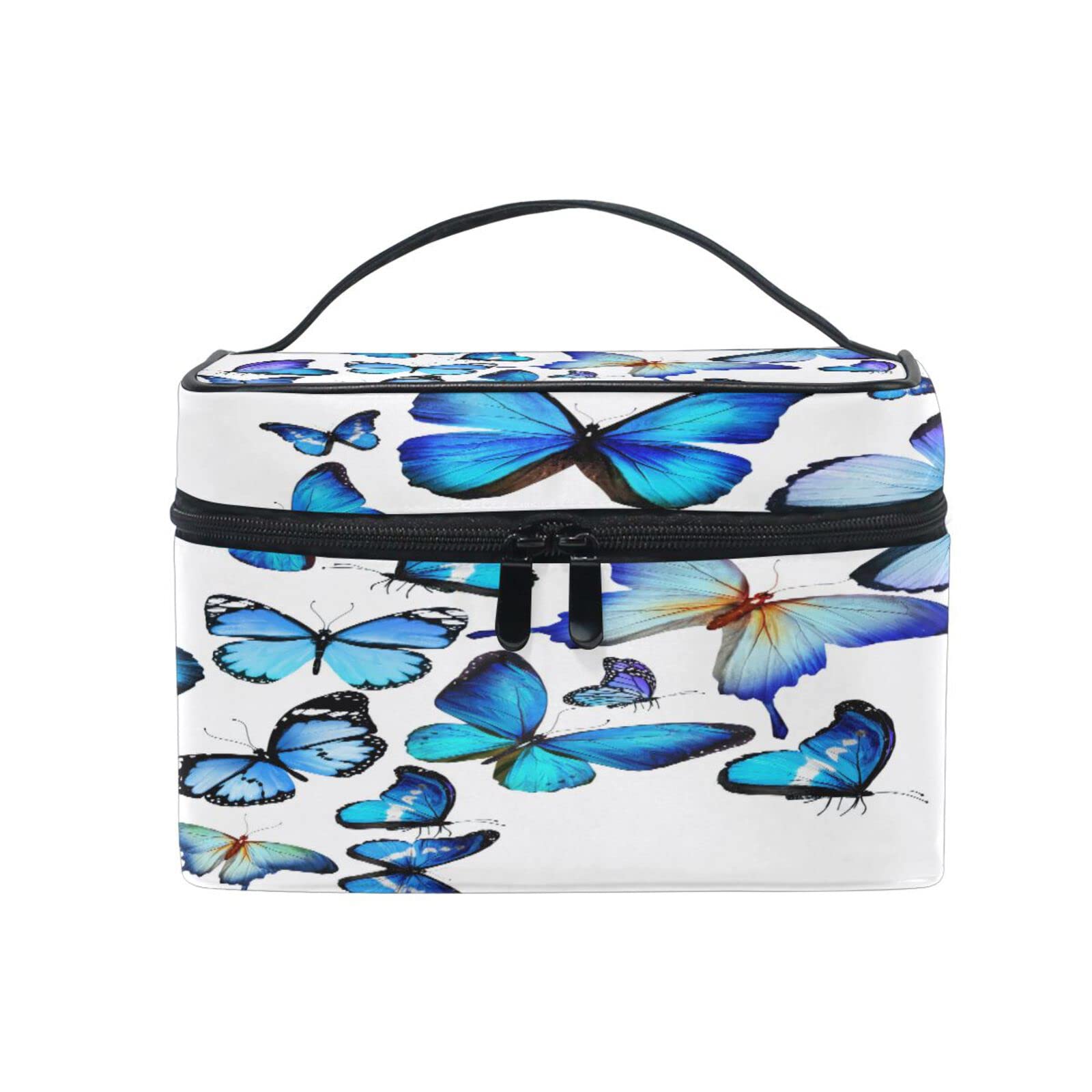 Blue Butterfly Cosmetic Bag for Women & Girls - Large Travel Makeup Organizer with Zipper, Toiletry Pouch & Handle - Perfect for Travel, Gym, and Daily Beauty Storage (Train Case & Brush Box Included)