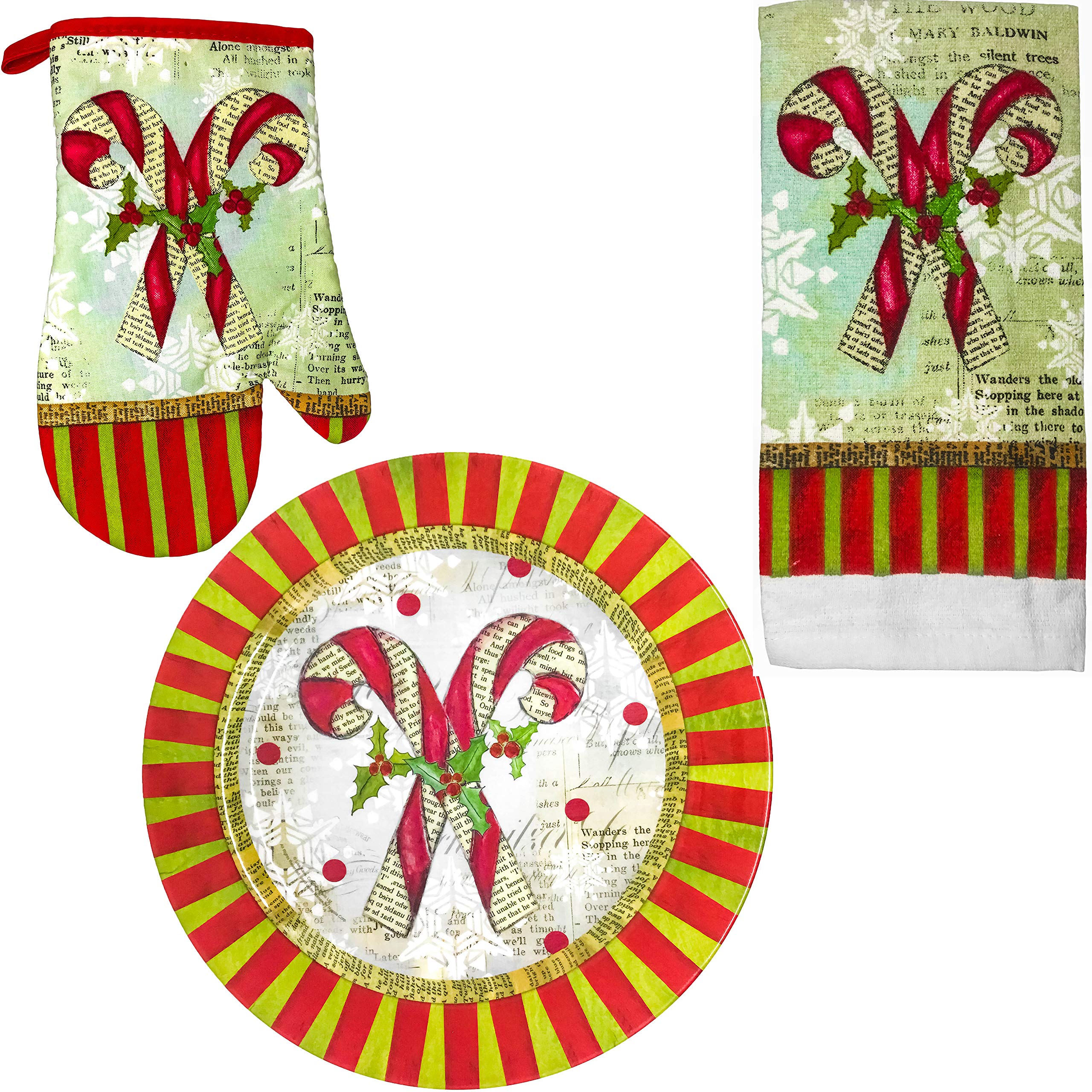 Christmas Holiday Printed Oven Mitt, Kitchen Towel & Plate Set - Candy Cane Design for Baking, Cooking & Festive Home Decor