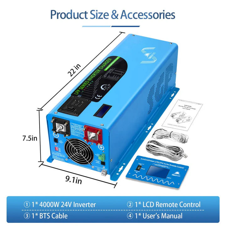 4000W 24V DC to AC Pure Sine Wave Power Inverter with Built-in Charger - Perfect for RVs, Boats, Off-Grid Solar Systems & Emergency Power Backup