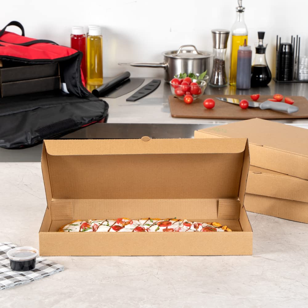 Eco-Friendly 15 x 7 x 1.5 Inch Flatbread Takeaway Boxes - 50 Pack Corrugated Pizza Boxes with E-Flute Design & Tab-Lock System | Kraft & Green Paper Disposable Food Containers for Restaurants, Catering & Delivery Services