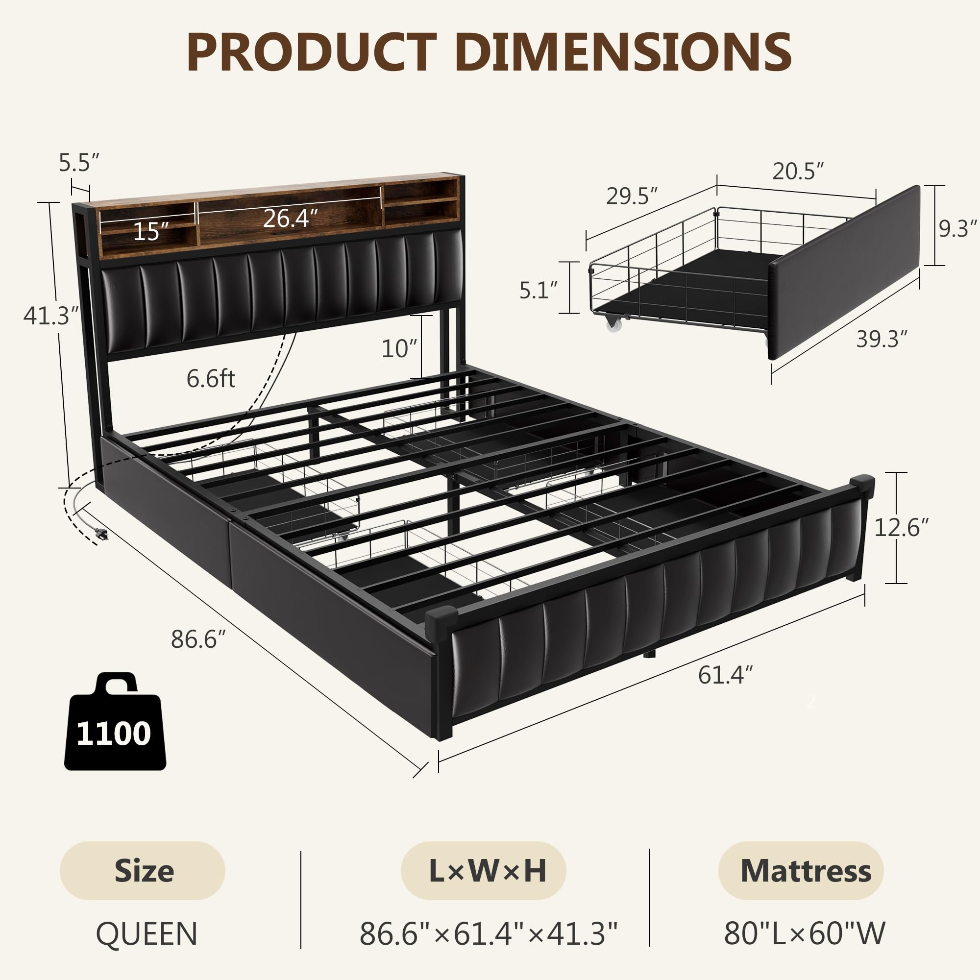 Alohappy Queen Size Upholstered Platform Bed Frame with 4 Storage Drawers, Bookcase Headboard, USB-C/USB Charging Station & LED Lights - No Box Spring Needed - Modern Black Bedroom Furniture for Small Spaces & Studio Apartments