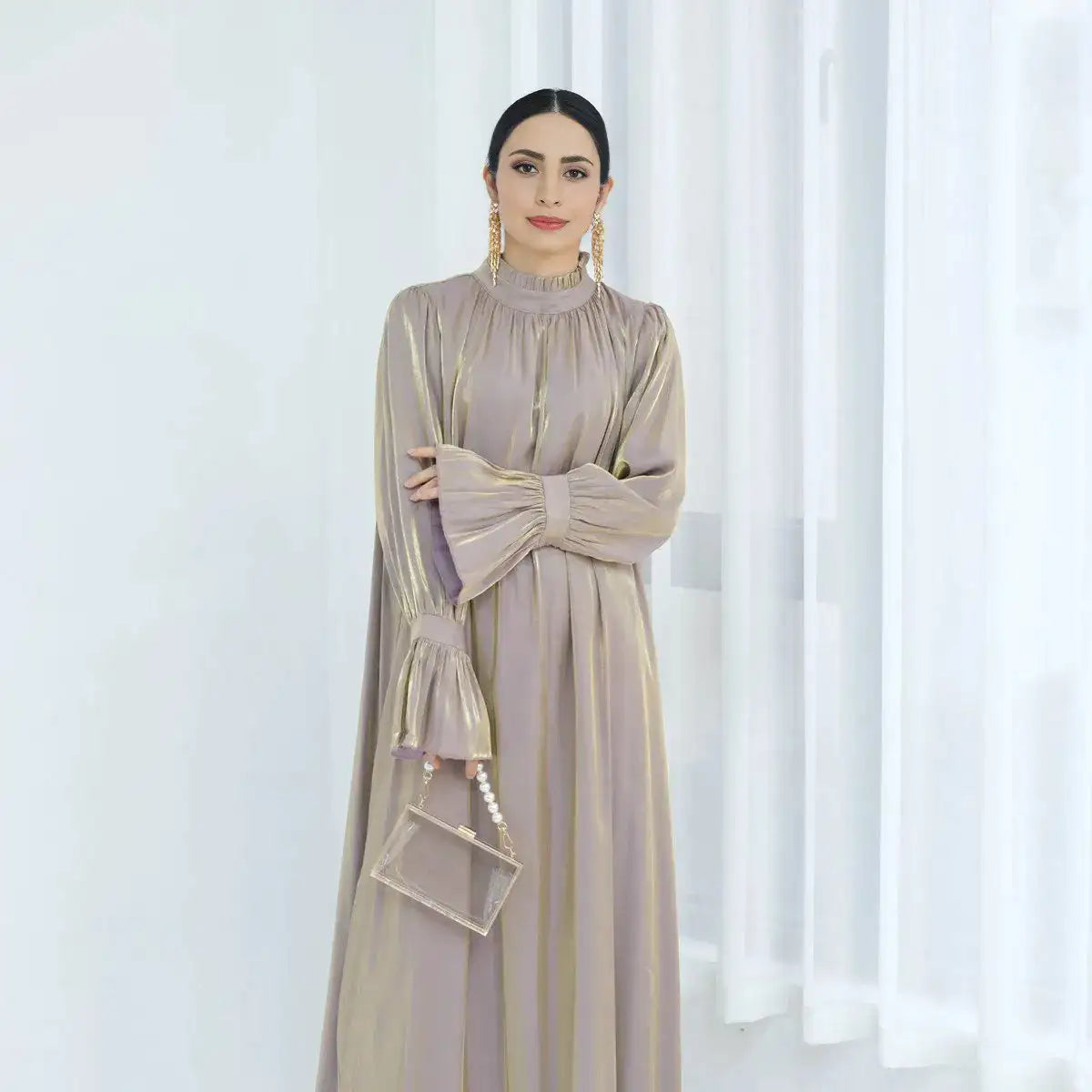 Elegant Bell Sleeve Gleam Shiny Abaya Dress for Women - Modest Islamic Fashion for Parties, Weddings & Special Occasions
