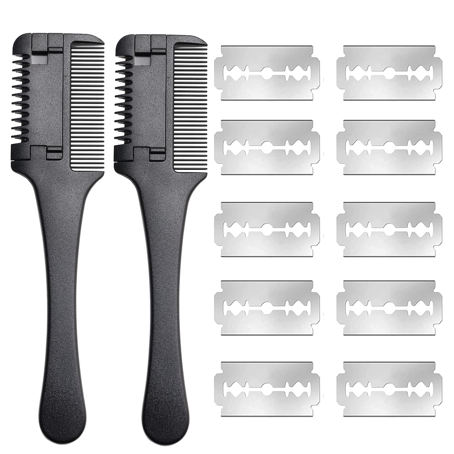 Professional Hair Cutting Scissors & Thinning Comb Kit with Double Edge Razor - 2pcs Razor Comb + 10pcs Blades for Barber Styling & DIY Haircuts at Home
