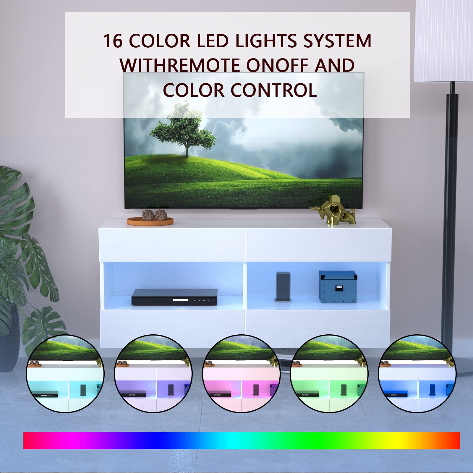 ACBAC 16-Color LED TV Stand - High Gloss Modern Entertainment Center with Multicolor Lighting, Smart TV Cabinet for Living Room (White, 47.2×13.8×19.7in) - Perfect for Gaming Setups & Home Theater Systems
